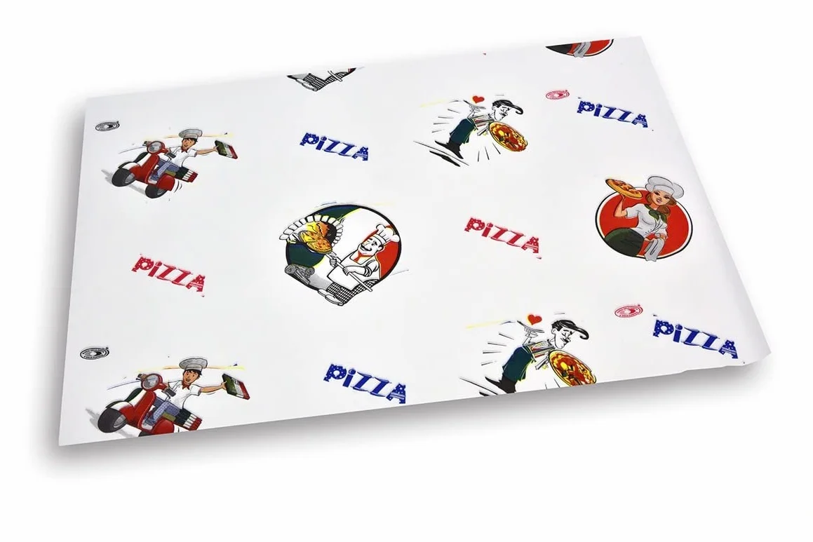 Carta politenata da gr. 45+9 Pe stampata con logo “Pizza” - Formato cm. 50x75 - Scatola da Kg. 10 (circa 500 fogli)