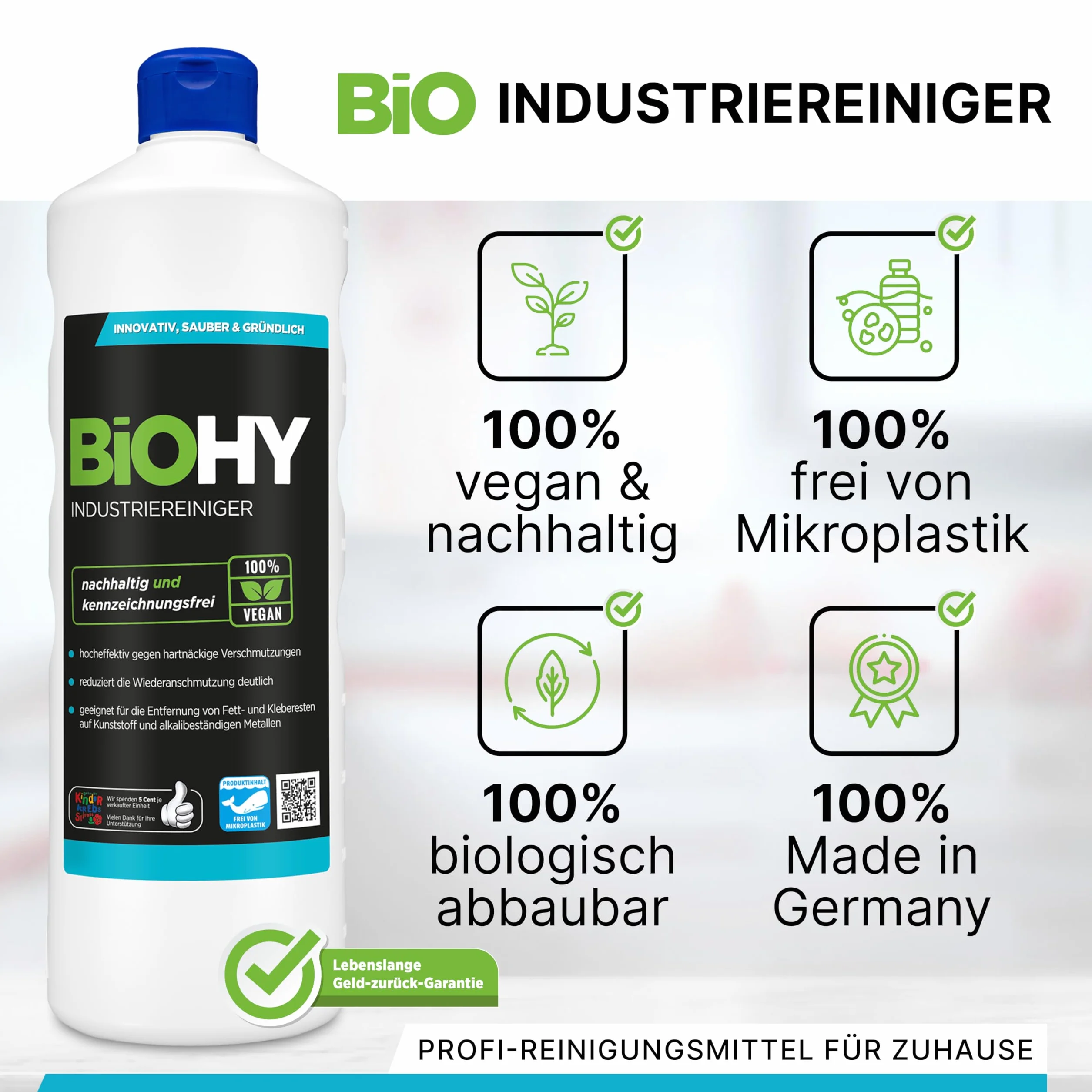 BiOHY Detergente industriale (Bottiglia da 500ml) | detergente per officina | contro grassi e oli | ideale per metallo, plastica, vetro, utensili senza schiuma e striatura (Industriereiniger)