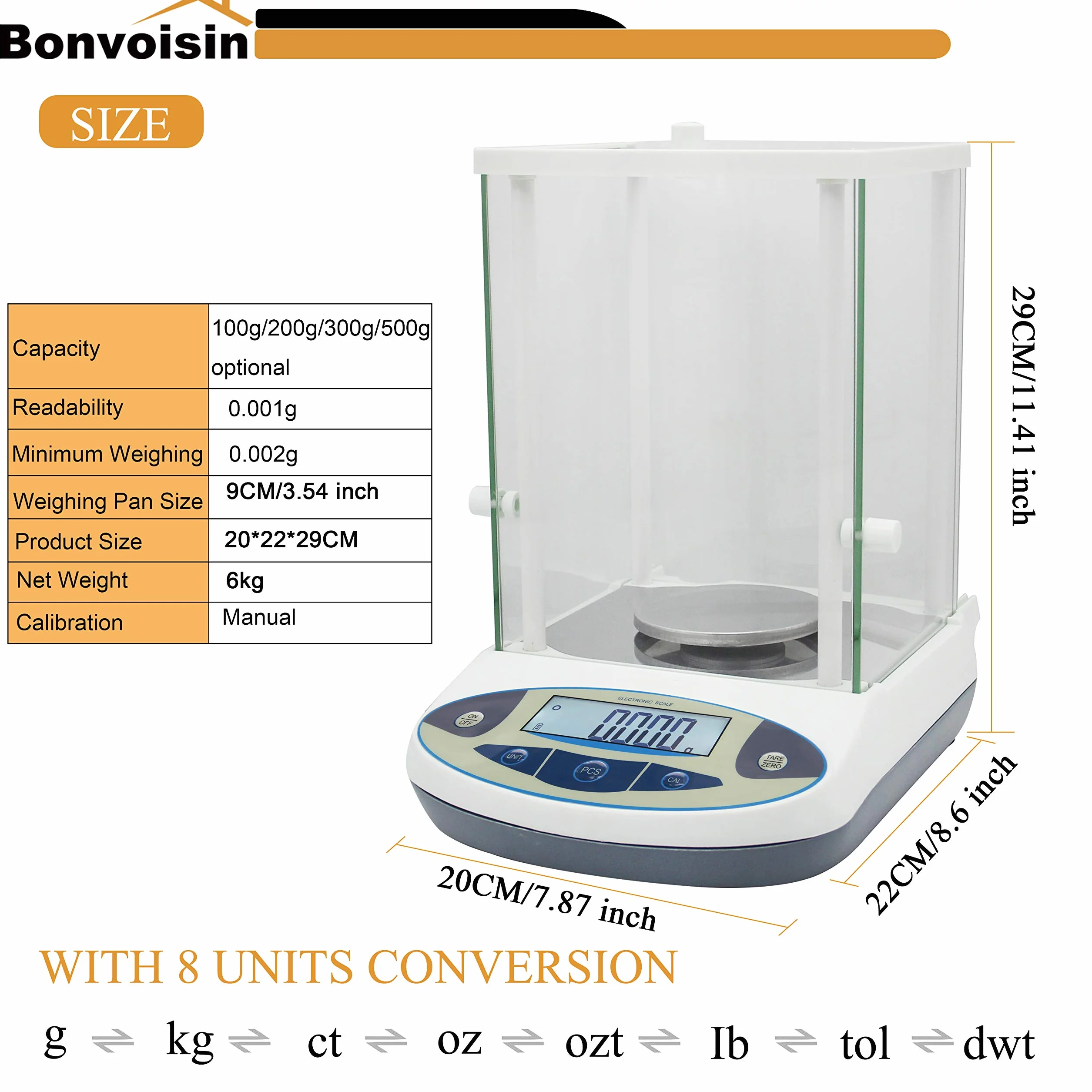 Bonvoisin Bilancia da laboratorio da 1 mg Bilancia analitica di precisione Bilancia elettronica digitale da 0,001 g Bilancia analitica Bilancia scientifica con parabrezza (500 g, 1 mg)