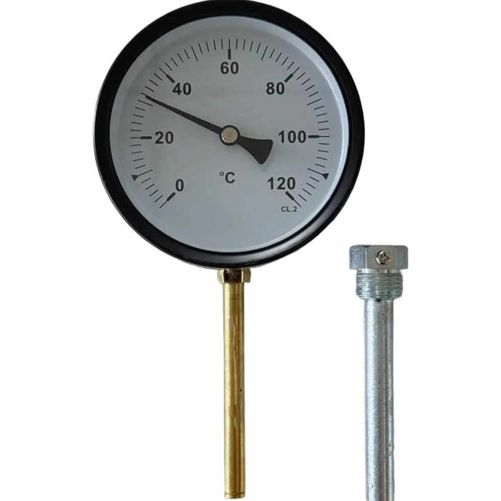 Termometro con quadranti bimetallici, 0-120 °C, 100 mm, per guaina ad immersione, termometro radiale in acciaio inox, per riscaldamento centralizzato, griglie esterne e caldaie