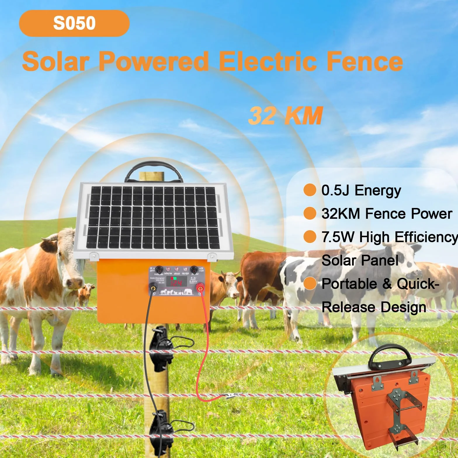 32KM Pastore Elettrico, 0.5J/9.5kV Recinto Elettrico Controllore di 12V 7Ah con Pannello Solare da 7.5W Per Mucche, Bestiame, Allevamento Di Pollame, Pastore, Fattoria degli Animali Recinzione