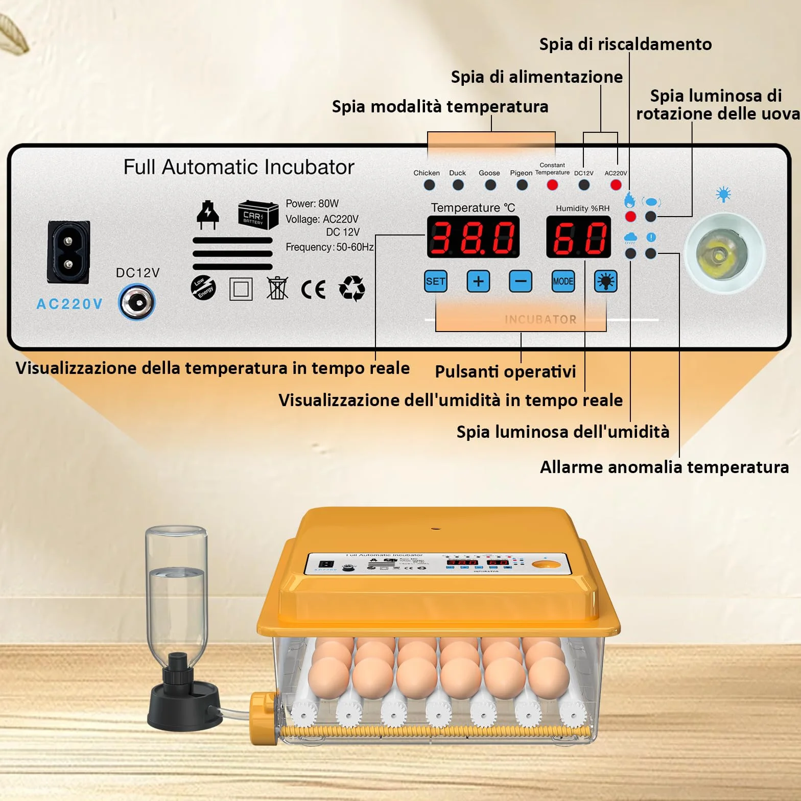 Incubatrice per Uova Automatica, Incubatrice per 36 Uova Gallina con Controllo Temperatura, 5 Modalità di Incubazione Automatica, Display Umidità, Riempimento Automatico dell'acqua e Girando