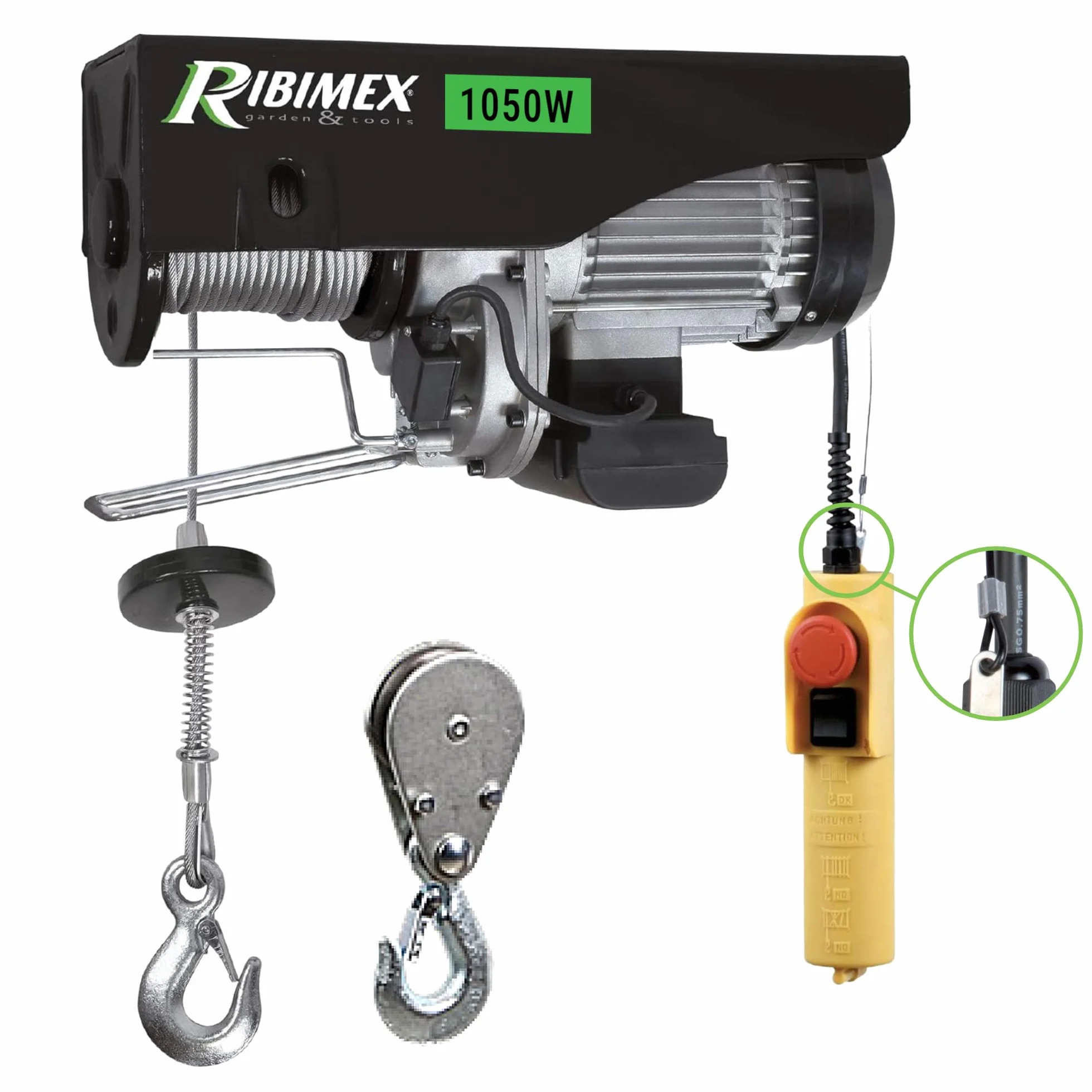 Ribimex Paranco Elettrico da 300/600 Kg con Puleggia, Motore Monofase da 1050 W, Cavo in Acciaio di 18 m, Velocità di Sollevamento Fino a 8 m/min per Uso Domestico e Industriale - PE300/600C/1