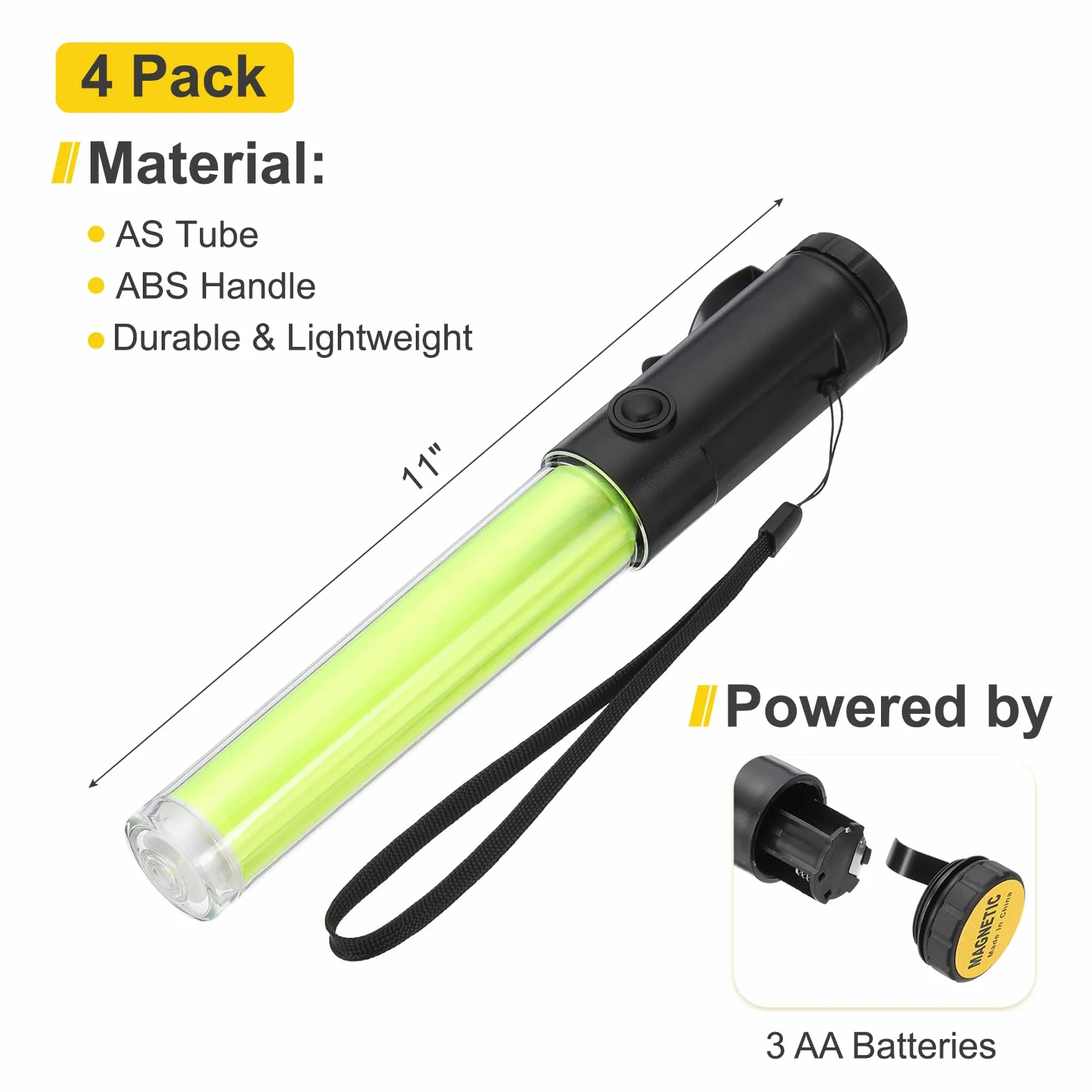 PATIKIL 4 Confezione 11 Pollice Bacchetta Segnaletica Traffico, Bacchetta Controllo Traffico Aereo Torcia LED con 3 Modalità Lampeggiante Clip Laterale Cinturino Polso Lanyard, Giallo