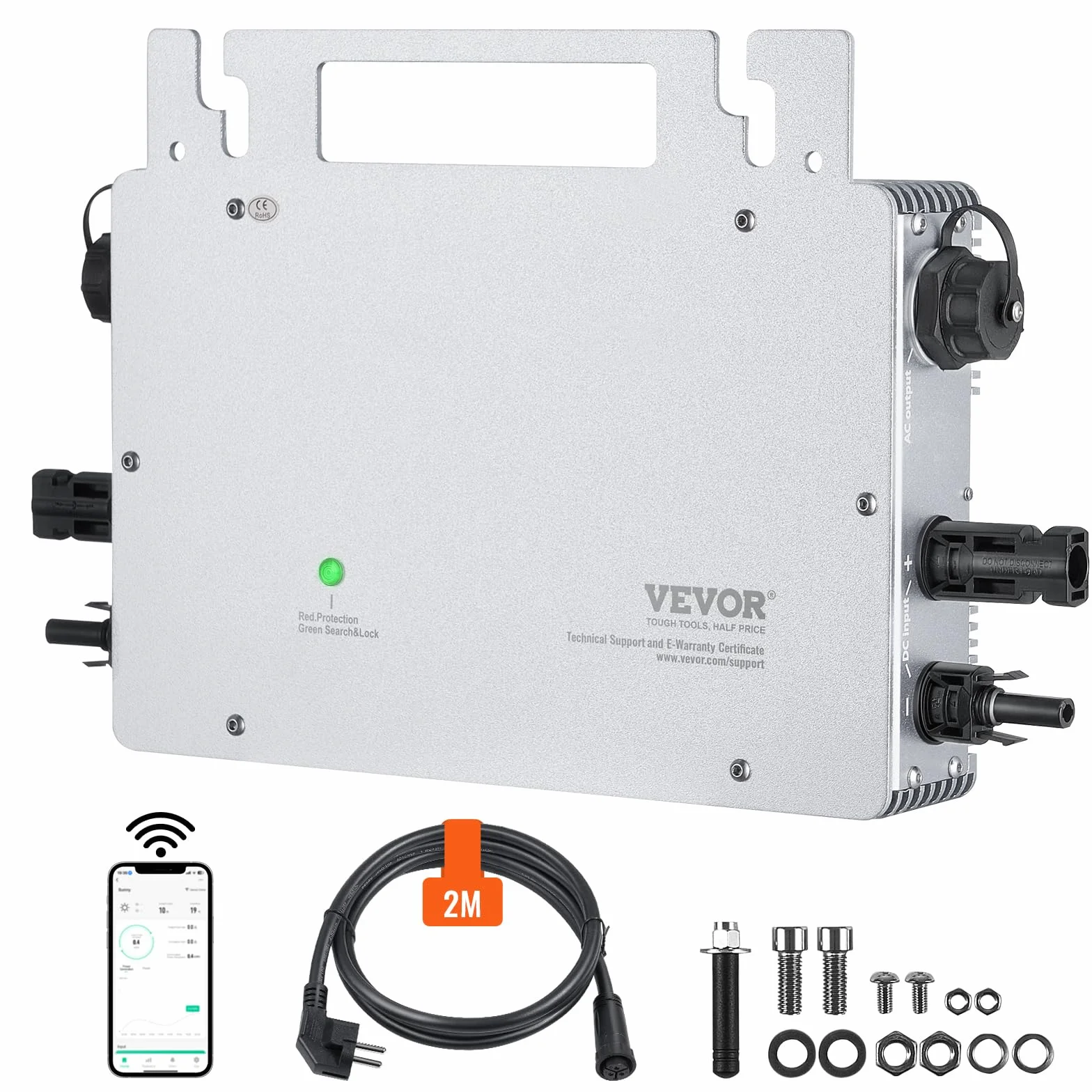 VEVOR Micro inverter per collegamento alla rete solare, 800 W, IP67 in lega di alluminio DC18-50V Tensione di esercizio con cavo di alimentazione antenna WiFi APP, per sistemi di pannelli solari