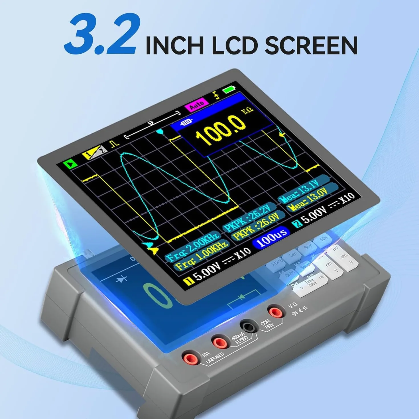 Oscilloscopio digitale 3 in 1, DSO3D12, oscilloscopio a 2 canali, multimetro e generatore di segnale, larghezza di banda 120 MHz, frequenza di campionamento 250/s, display IPS da 3,2 pollici, design