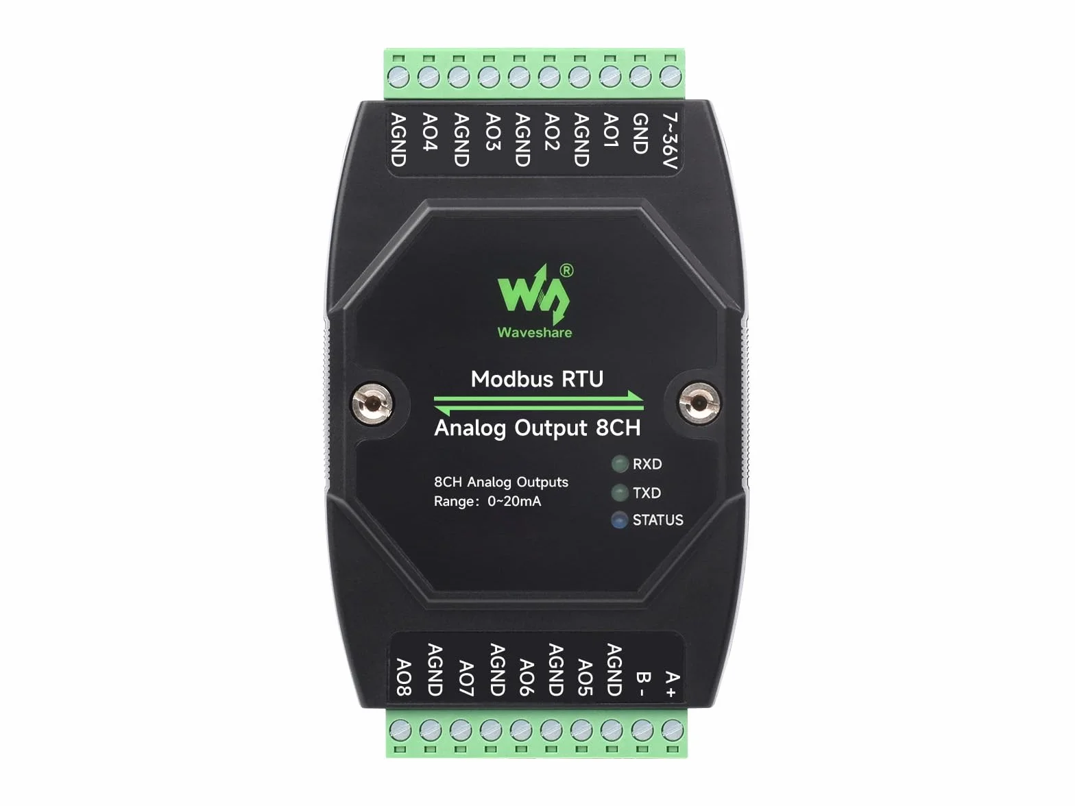Waveshare Industrial 8-Ch Analog Output Module, 12-Bit DA Conversion, Supports 8-Ch Simultaneous Current Output, DC 7~36V Wide Voltage Power Supply, Modbus RTU Protocol, Rail-Mount Support