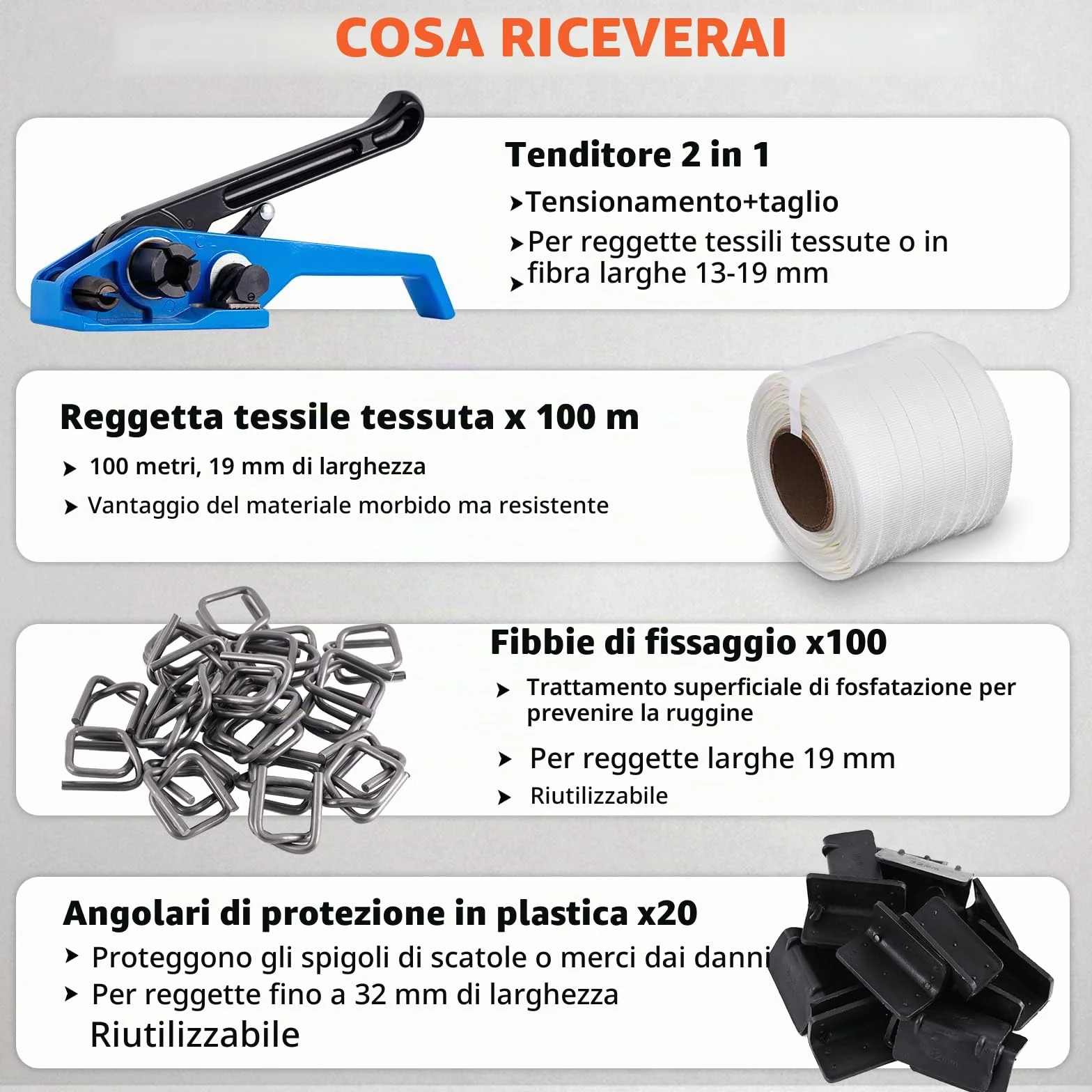 BAOSHISHAN Kit di reggetta con tessuto per l'imballaggio dei pallet (tenditore 2 in 1 + 100m di reggetta tessile + 100pcs fibbie di imballaggio fosfatante + 20 angolo di imballaggio)