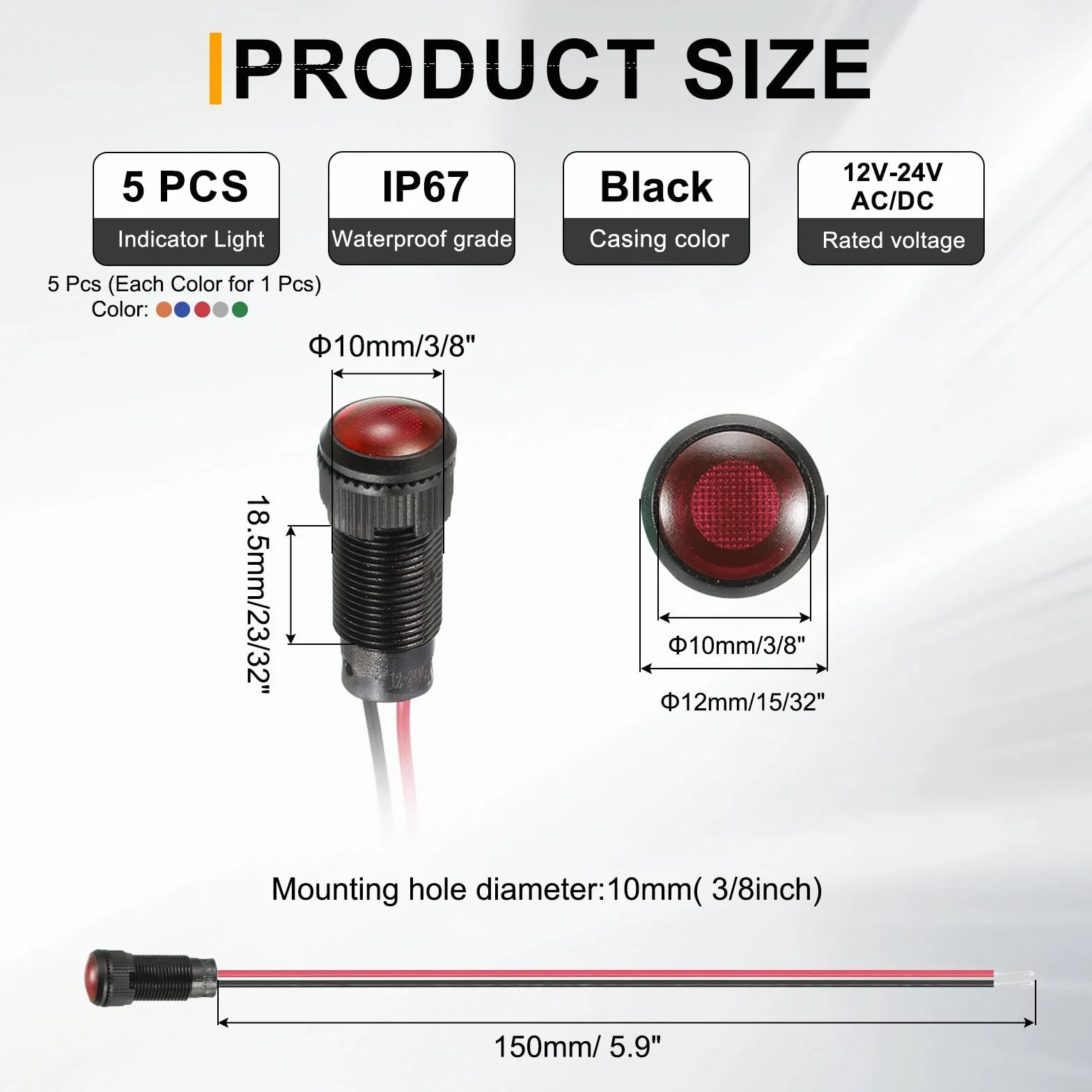 PATIKIL 5Pz 10mm LED Spia Indicatrice 12V-24V AC/DC IP67 Lampada Segnale Impermeabile Testa Rotonda per Barca Auto 5 Colori