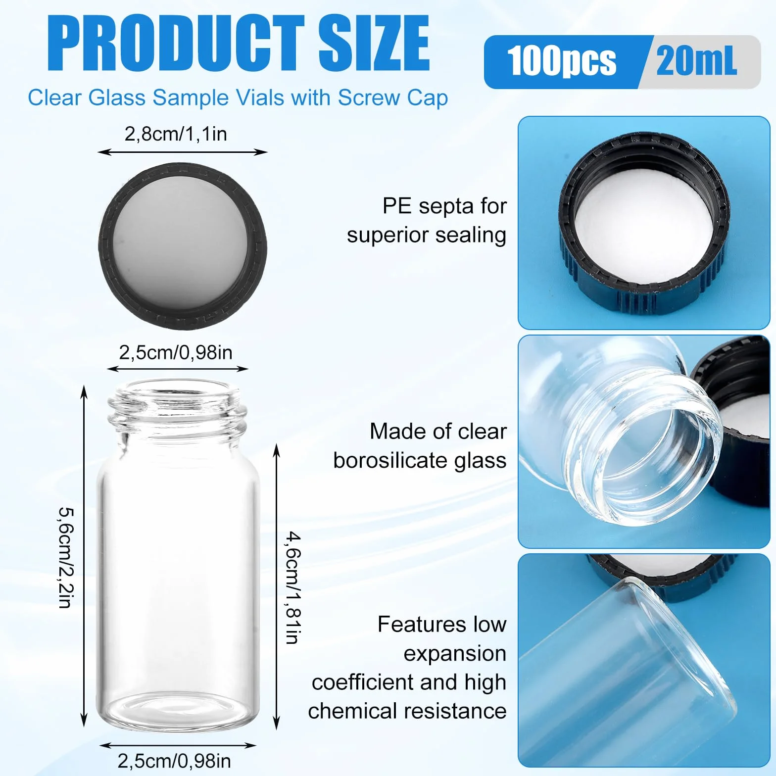 SHUESS 100 x 20 ml provette in vetro borosilicato con tappo a vite