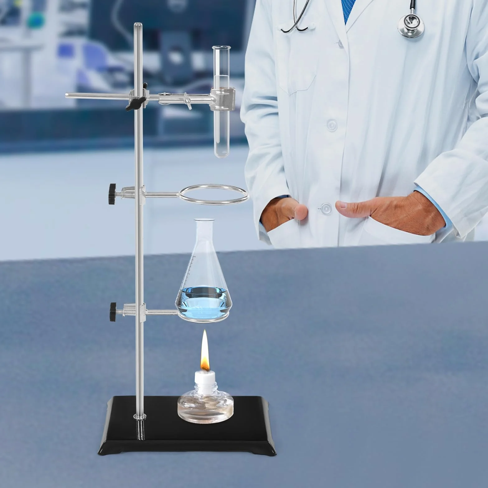 Supporto per laboratorio, 13 x 21 cm, lunghezza asta 50 cm, con morsetto regolabile in altezza, per esperimenti chimici e fisici