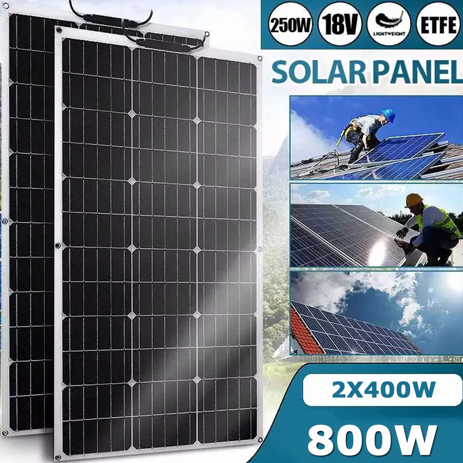 Pannelli Solari Flessibili 18V 400/800 Watt Pannello Solare Monocristallino, Modulo Solare Ad Alta Efficienza Carica Fotovoltaica per Batteria Camper Barca Caravan e Altri Sistemi Fuori Griglia,800W