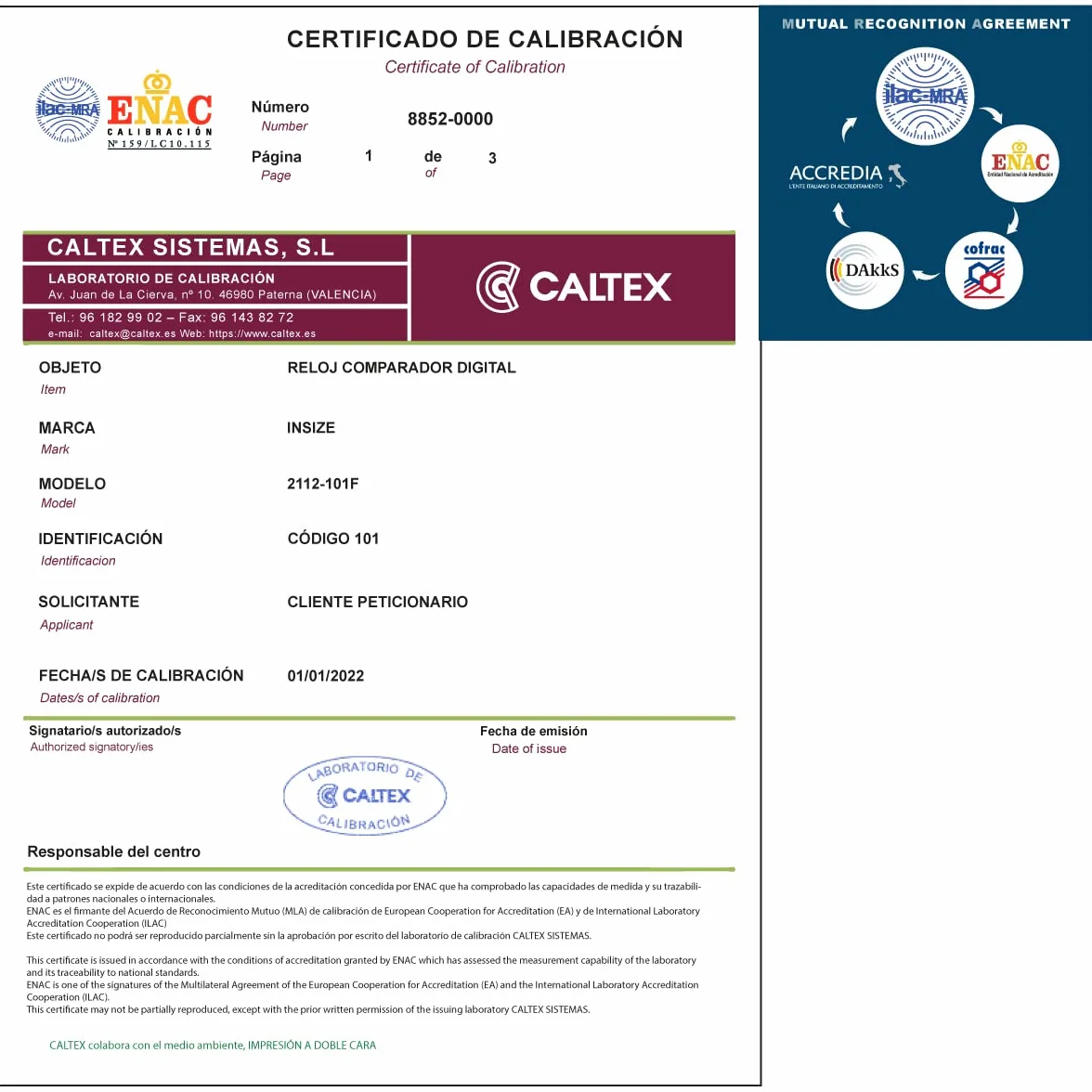 Comparatore tarato INSIZE 2112-101F con Certificato di Taratura Acreditato LAT (accettato da ACCREDIA)