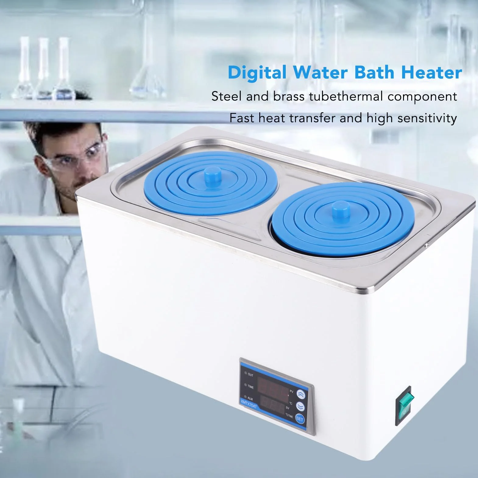 Bagnomaria Termostatico Digitale da Laboratorio, 7 Litri, 600W, Acciaio Inossidabile, Display LED Doppio, Controllo Temperatura RT-99.9¡æ, 2 Aperture