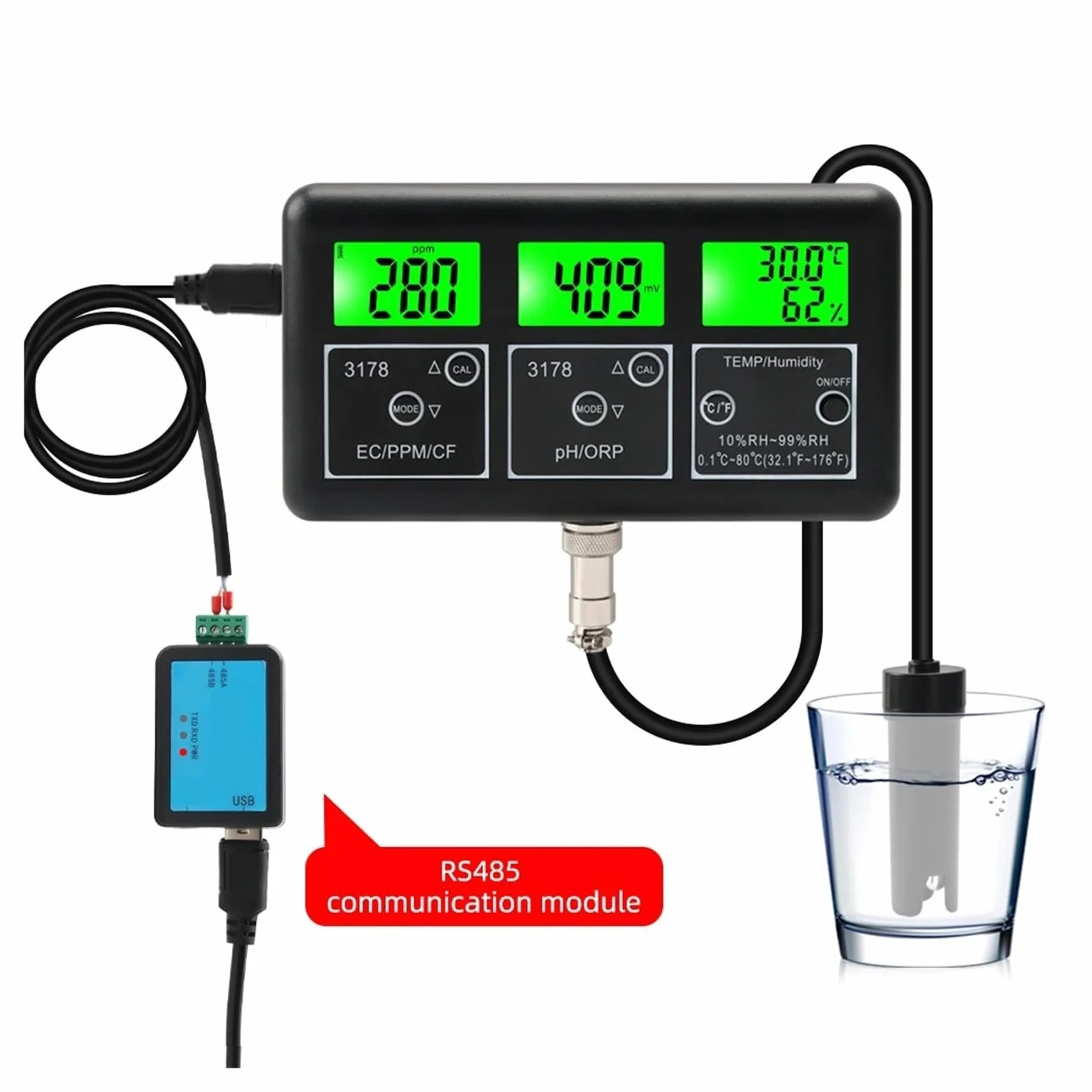 Misuratore di qualità dell'acqua multifunzione con comunicazione RS485, monitor PH ORP TDS EC CF Temp umidità,Multifunzionale