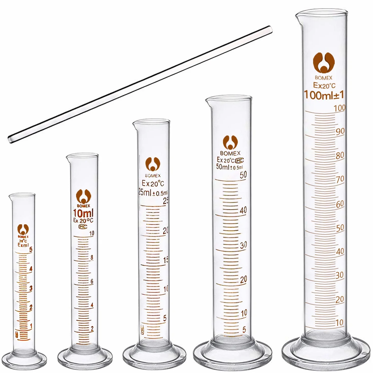 6 Pcs Cilindri Graduati in Vetro, Provette Graduate 5ml 10ml 25ml 50ml 100ml et Barra di Agitazione, Kit Accessori per Laboratorio, Chimica