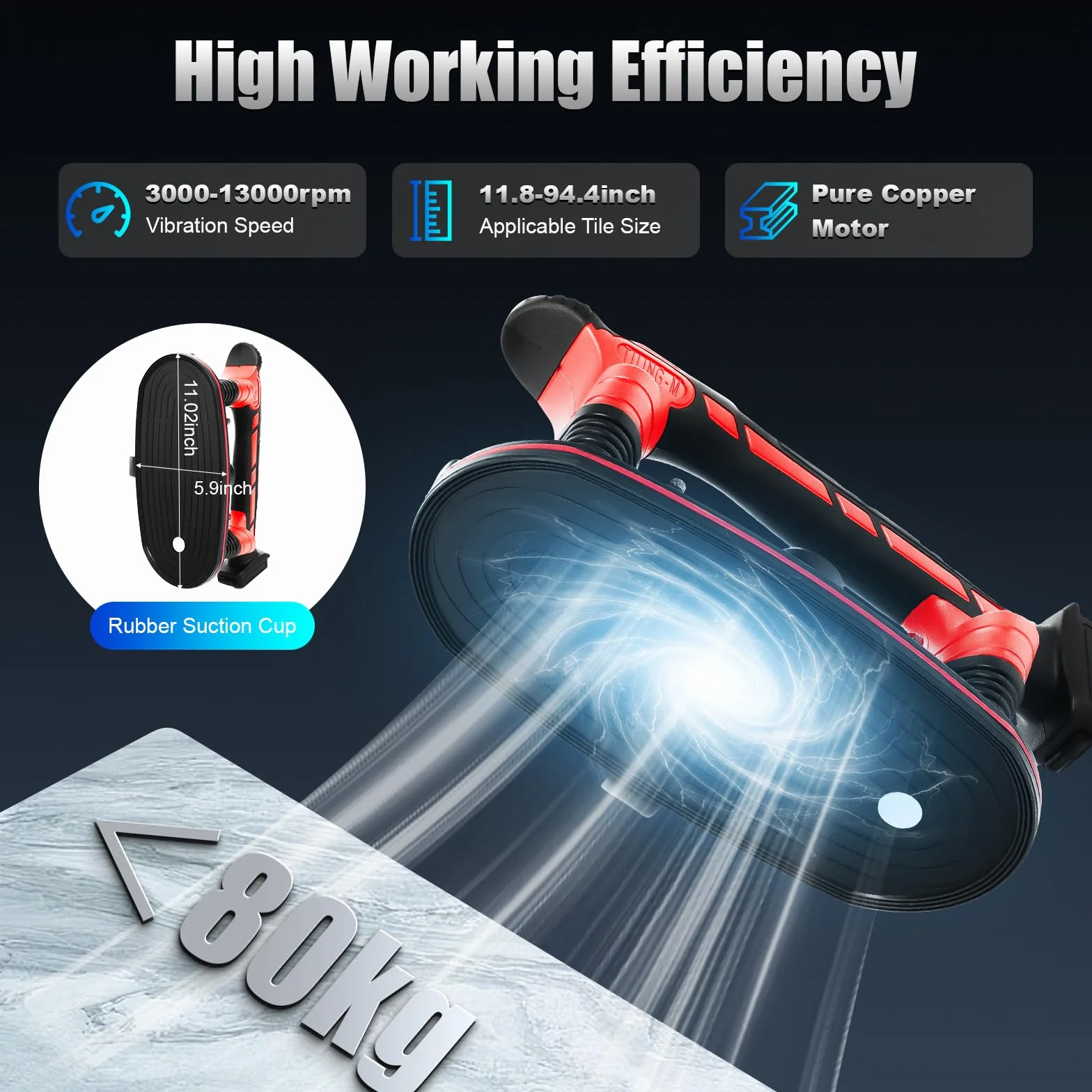 2 in 1, vibratore per piastrelle e ventosa, 21 V, potenza di aspirazione 80 kg, dispositivo vibrante a 6 marce, per piastrelle, vetro/marmo, ventosa 28 x 15 cm, 3000 – 13000 giri/min, con batteria da