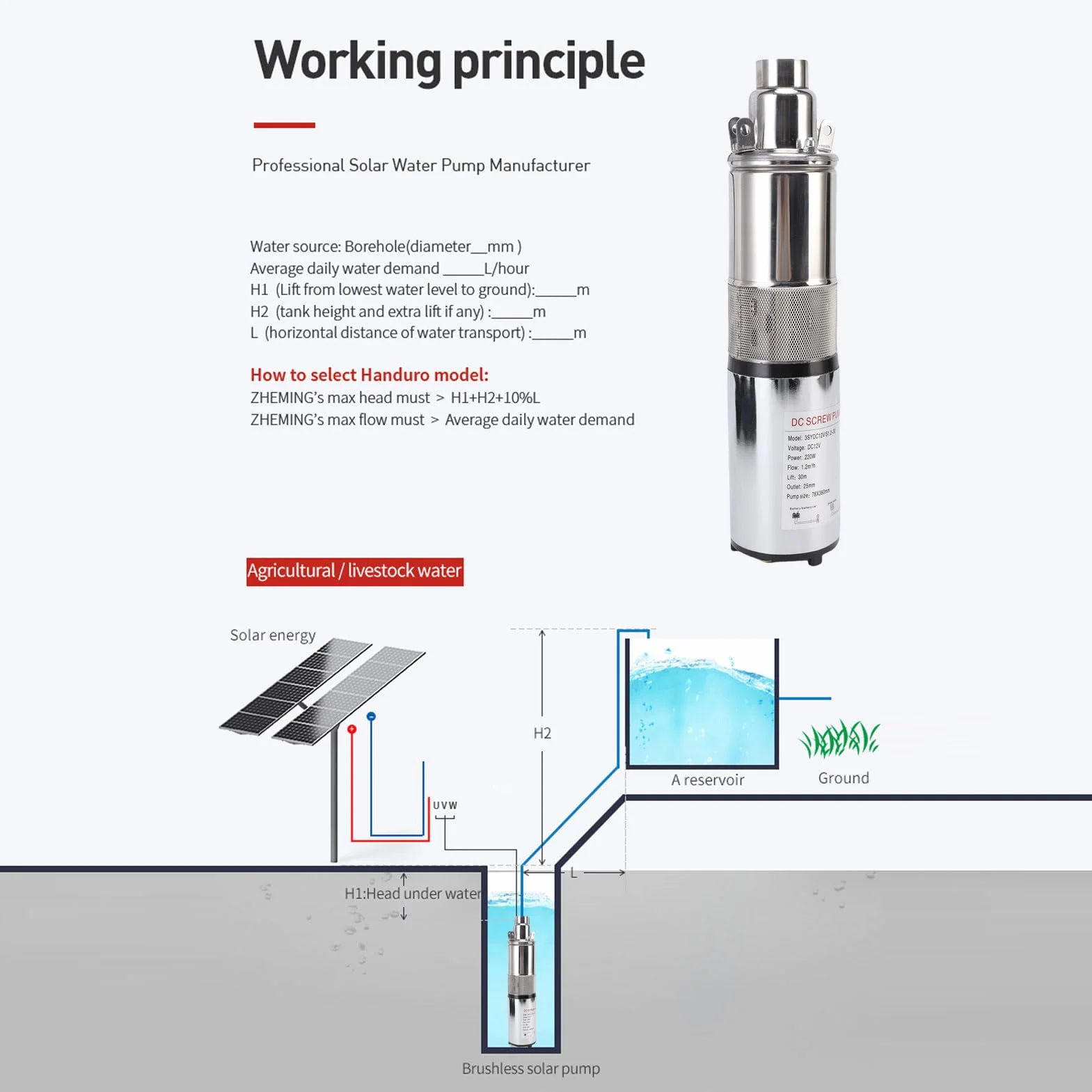 AMONIDA Pompa Sommergibile Solare per Pozzi Profondi 12V 220W, Kit Pompa per Pozzi Profondi in Acciaio Inossidabile Ad Alto Sollevamento da 30 M con Cavo di Alimentazione da 10 Metri per