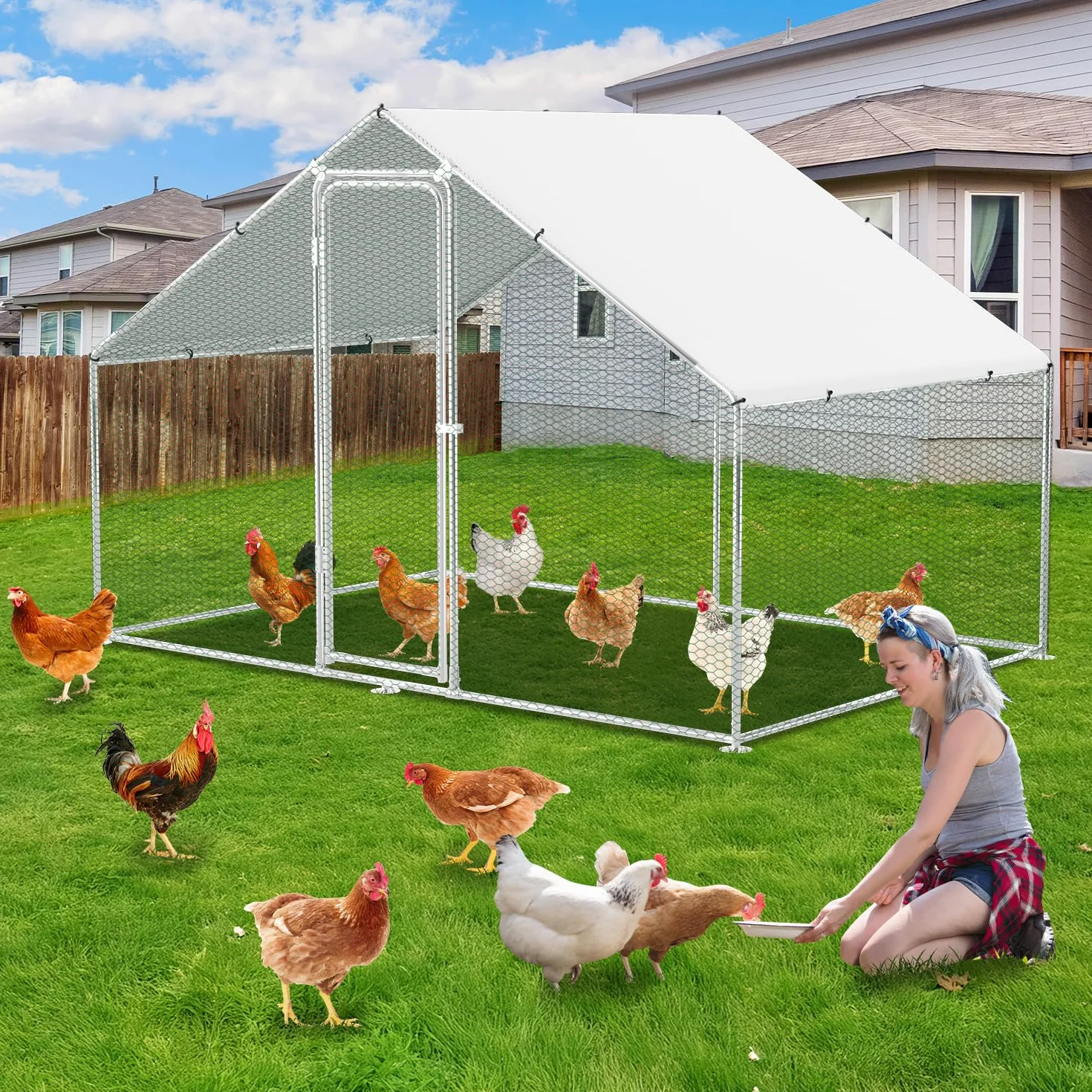Herrselsam Pollaio Ovaiole per Esterni, 3x2x2m Pollaio per Esterni con Telaio Zincato, Recinto con Copertura in Tessuto Impermeabile, Serratura, per Polli, Anatre e Conigli