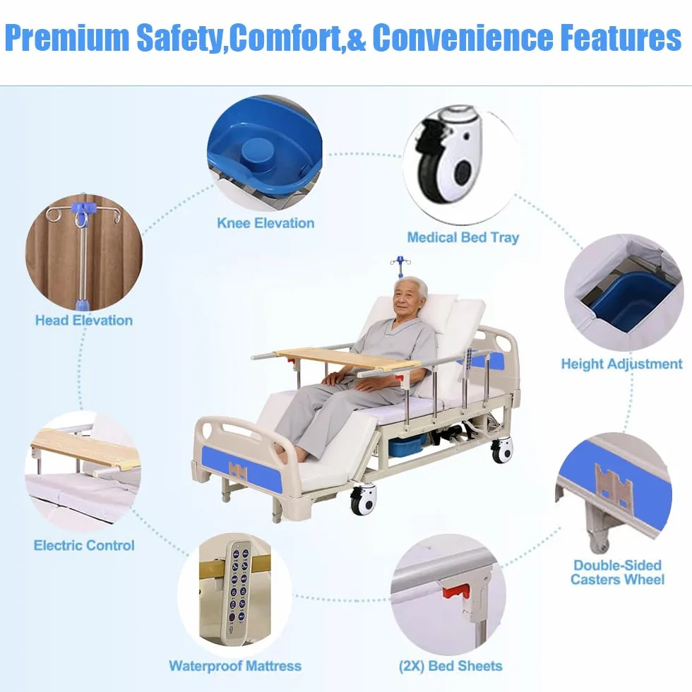 Letto ospedaliero elettrico Premium per terapia intensiva, inclinazione laterale, letto medico elettrico con materasso e asta portaflebo, tavolo da pranzo e ruote da con freno (bed)
