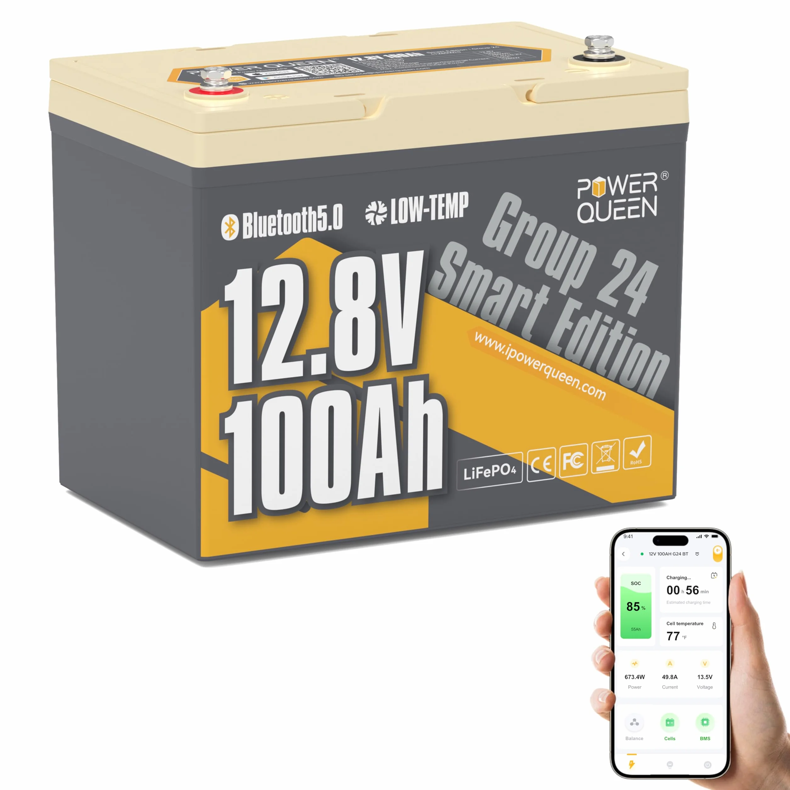 Power Queen 12V100Ah Bluetooth Gruppo24 Batteria al litio LiFePO4,Protezione dalle Bassa Temperatura con 100A BMS, Energia 1280Wh,15000 Cicli per Rimorchio RV,Trolling motor,Barco,Solare,Fuori Rete.