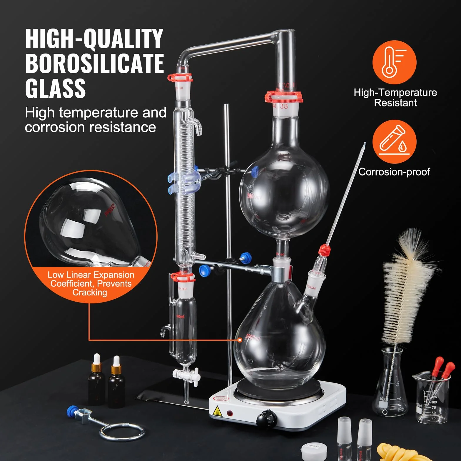 VEVOR Kit di distillazione di oli essenziali, 2000 ml, kit di distillazione di vetreria da laboratorio 3.3 Boro con piastra riscaldante da 1000 W e 24, 40 giunti, set da 28 pezzi