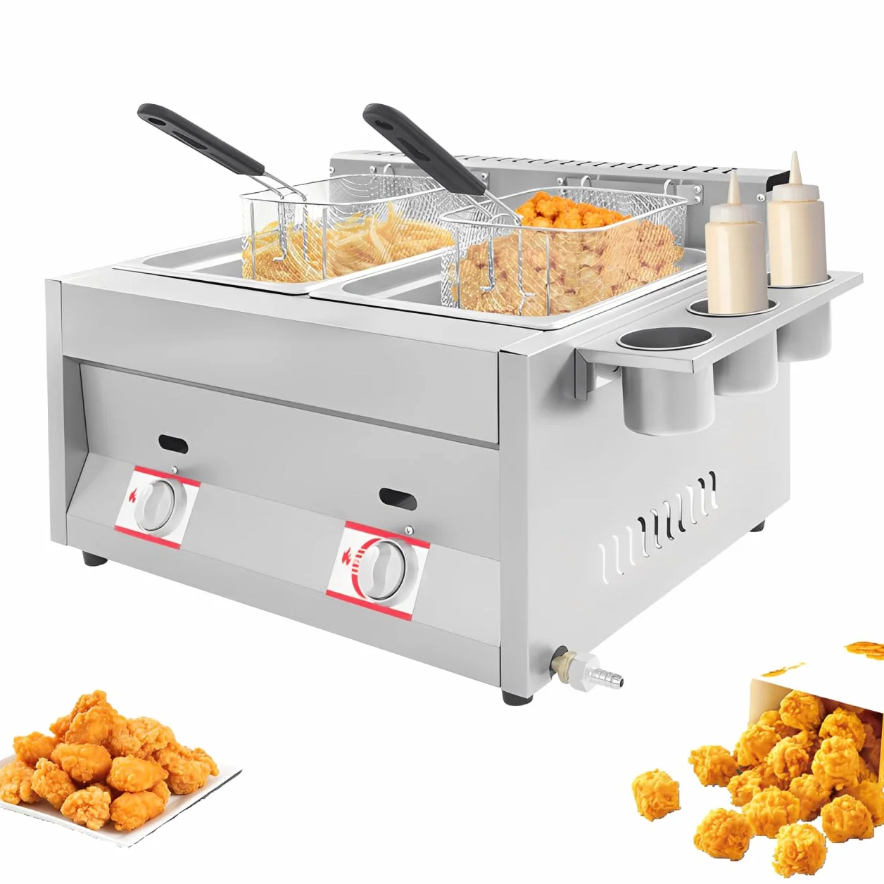Friggitrice a gas doppia con 2 cestini, friggitrice a propano in acciaio inox, intervallo di temperatura 50-380 °C, friggitrice a gas con 3 contenitori per spezie per famiglie, ristoranti, spuntini