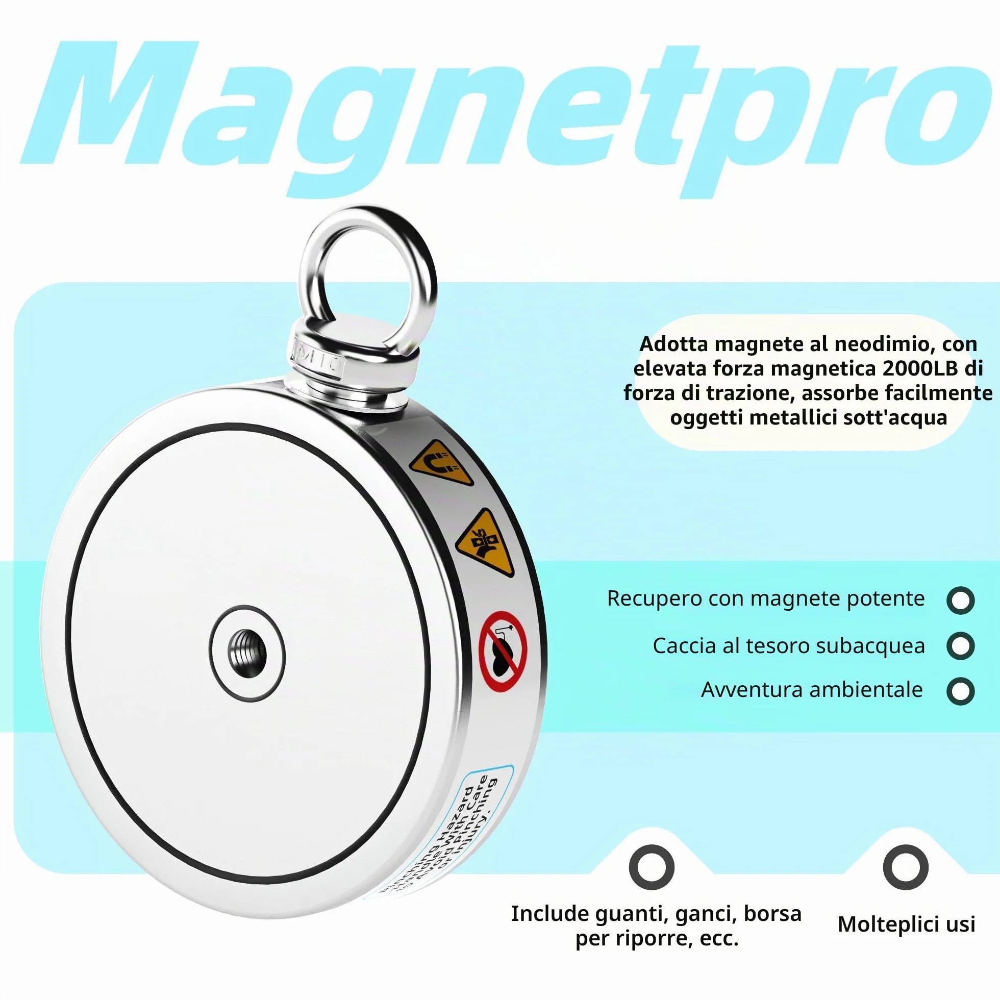 Magnetpro Set completo magneti recupero 900 kg pesca double face neodimio corda 20 m moschettone guanti gancio borsa