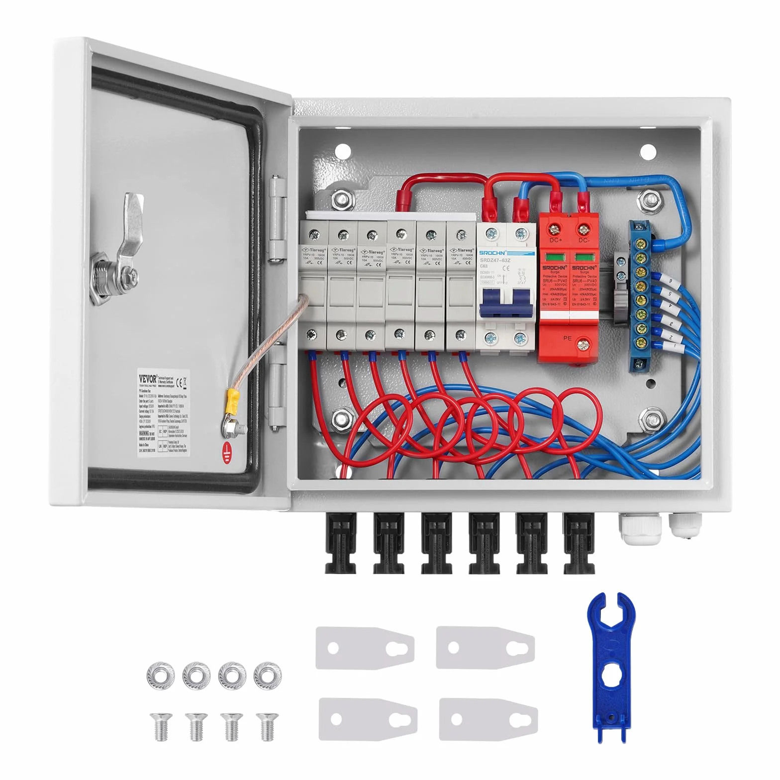 VEVOR Scatola combinatrice fotovoltaica 6 stringhe con fusibile corrente nominale 15 A, Protezione da sovratensione con interruttore 125 A, Acciaio per sistema di pannelli solari on/off, IP65