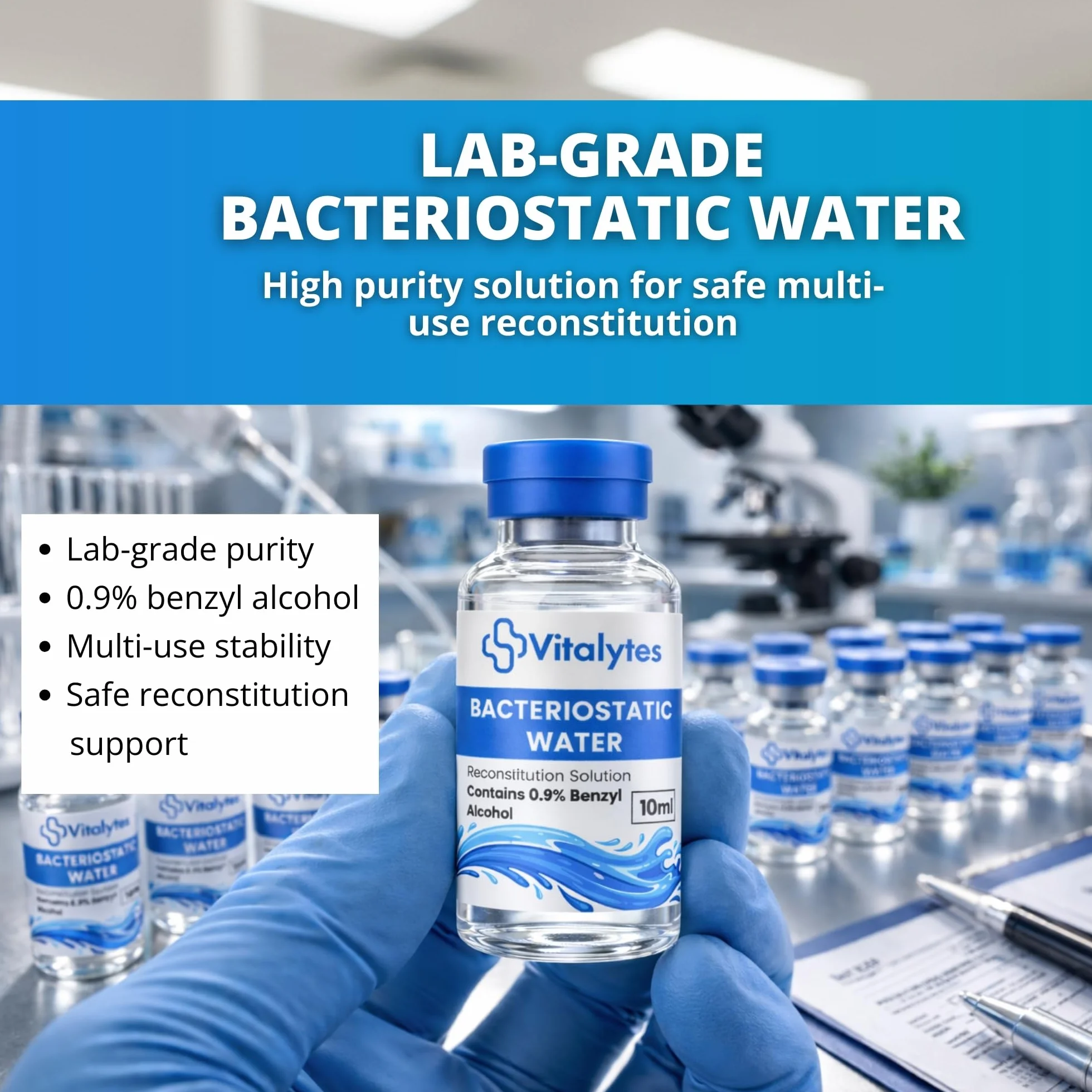 Vitalytes Acqua batteriostatica 10 ml soluzione ricostituzione laboratorio alcool benzilico 0,9% diluente sterile vetro borosilicato