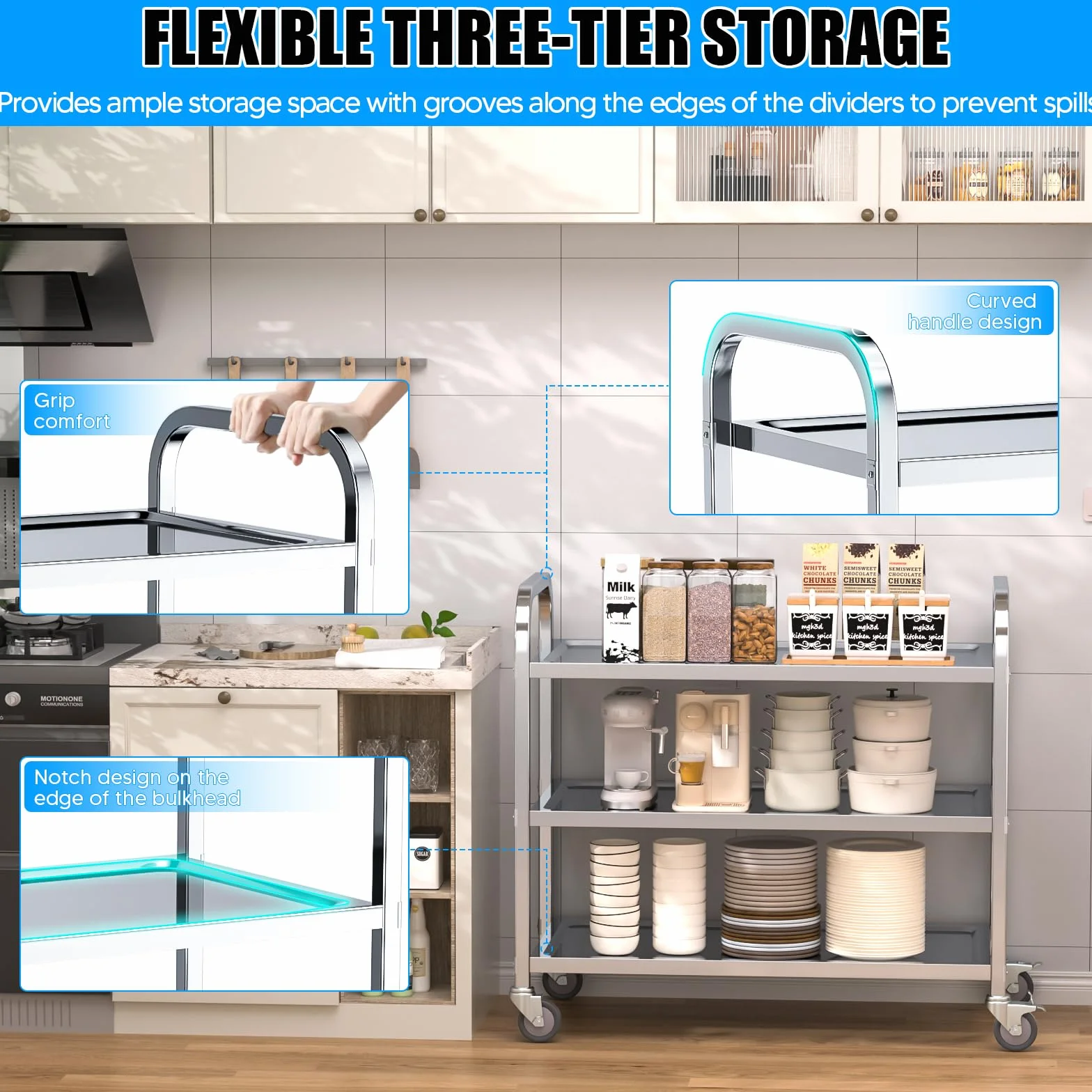 VELPAX Carrello da pranzo da cucina a 3 piani, 75x40x83,5 cm Carrello da pranzo in acciaio inox, rotolamento silenzioso per stoccaggio clinico Cucina Hotel Salone di bellezza