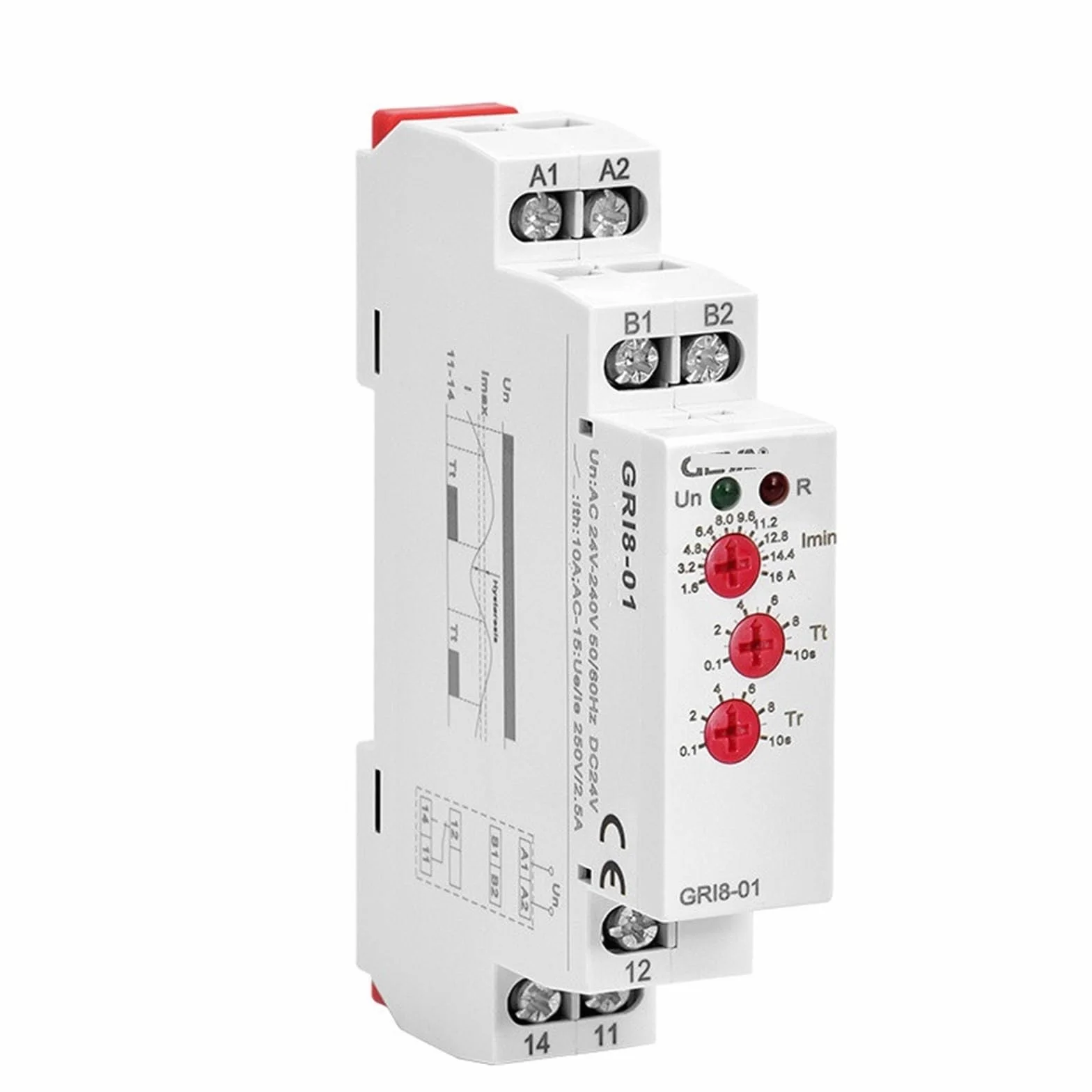 GRI8-01/02 Relè di monitoraggio corrente 0.5A 1A 2A 5A 8A 16A ACDC24V-240V Relè di protezione da sovracorrente e sottocorrente 1 pz (Color : GRI8-02 UnderCurrent, Size : 0.1-1A)