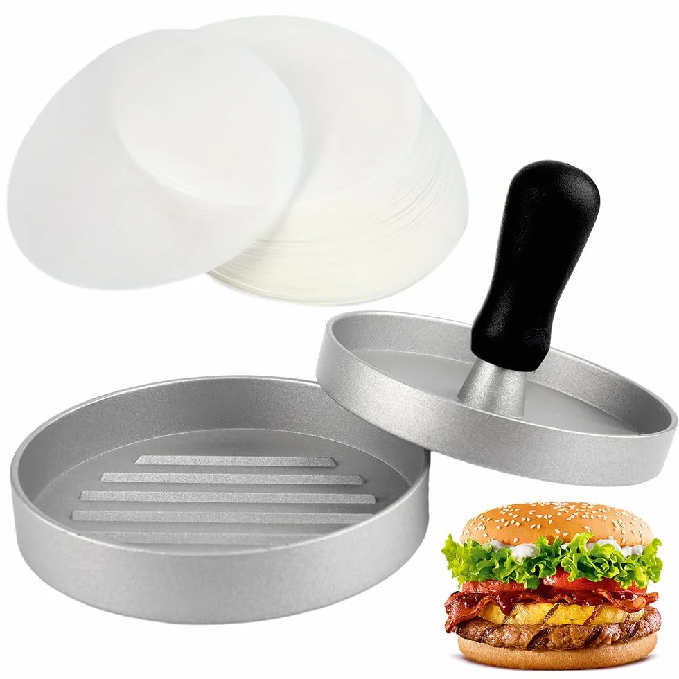 GreHom Pressa per Hamburger con 50 Fogli di Carta Antiaderente, macinato di Manzo, Macchina per Carne Antiaderente per Barbecue, Cottura al Forno, Hamburger ripieni, Hamburger di Manzo
