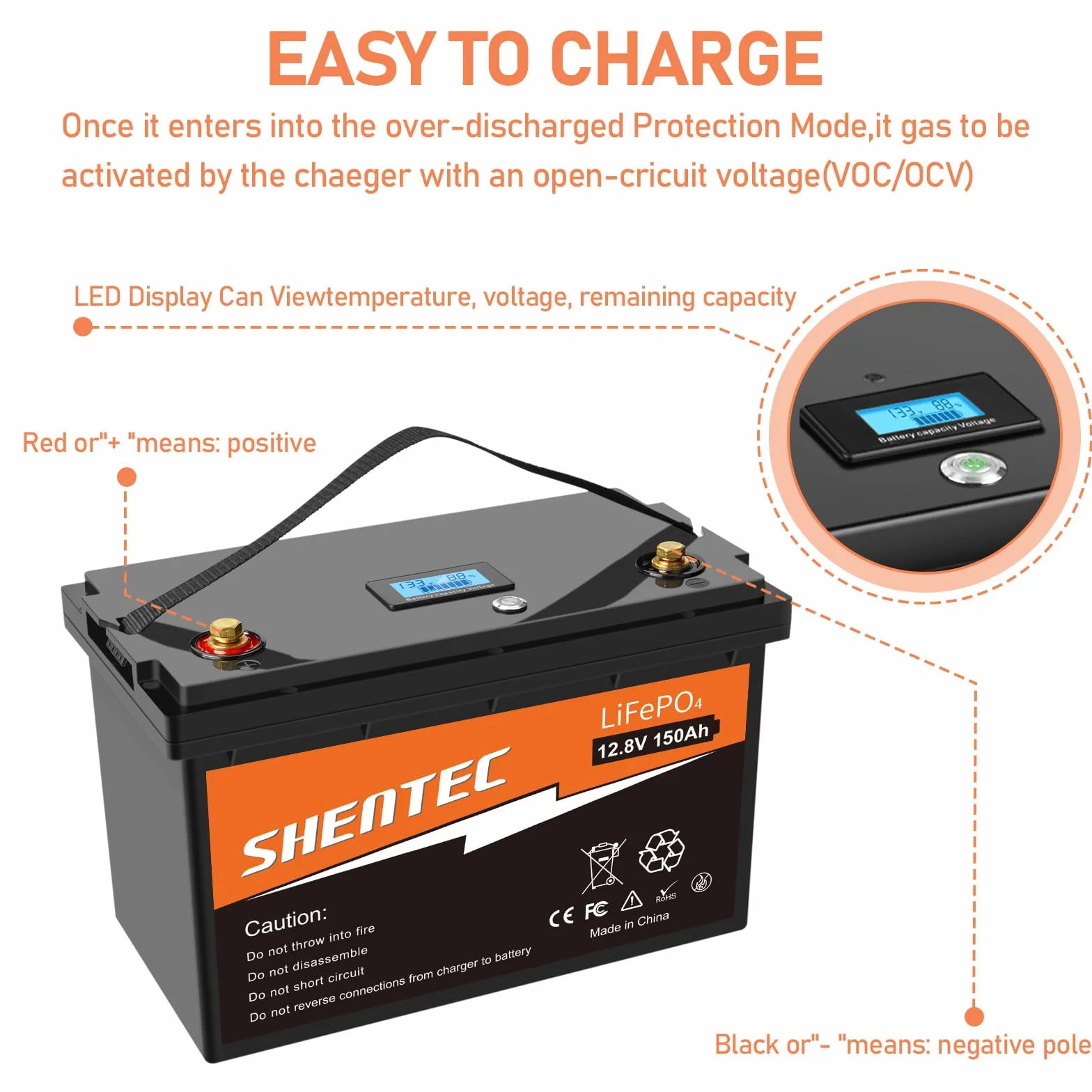 Shentec Lifepo4 150Ah Batteria auto LiFePO4 Batteria al litio a ciclo profondo da 150A BMS integrata, 6000+ cicli, per camper, rimorchio solare, barca e campeggio