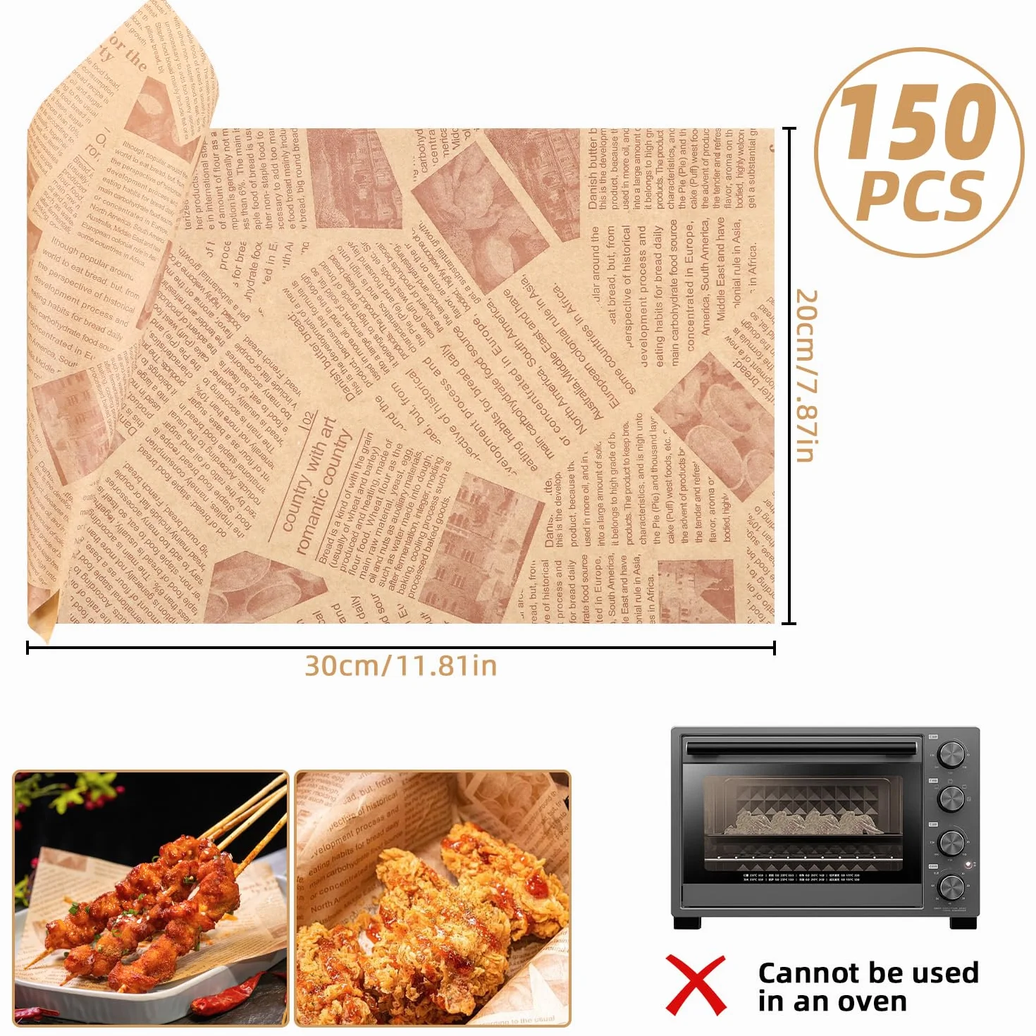 150 Carta Alimentare Fogli, 30x20cm Carta da Imballaggio Alimentare, Carta Oleata per Alimenti, Resistente All'acqua e All'olio, per Panini, Patatine Fritte, Hamburger, Formaggio, Torte