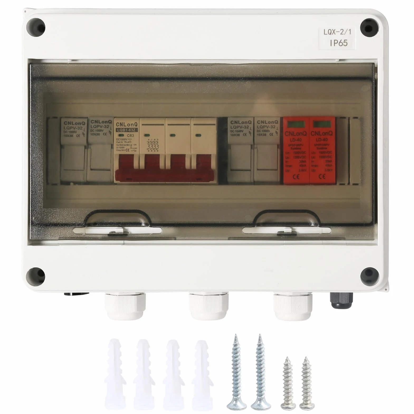 DEWIN Scatola Combinatrice Fotovoltaica,DC 1000V 63A Scatola di Collegamento Solare PV Scatola di Distribuzione Combinata con Scaricatore di Sovratensione e 30A Fusibili per Pannelli Solari Sistema