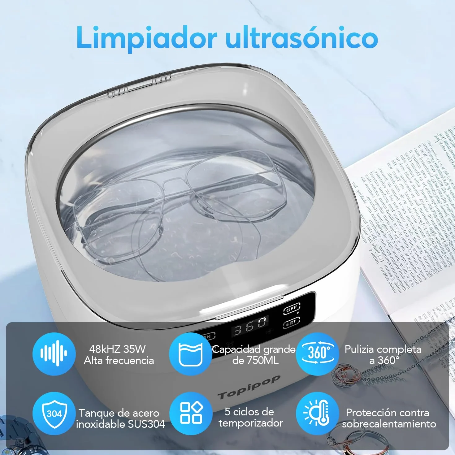 Pulitore Ultrasuoni, Lavatrice Ultrasuoni48 kHz, Pulitore a Ultrasuoni da 750 ml, Ultrasonic Cleaner Professionale per la Pulizia di Occhiali, Gioielli, Orologi, Anelli, Protesi Dentarie (Bianco)