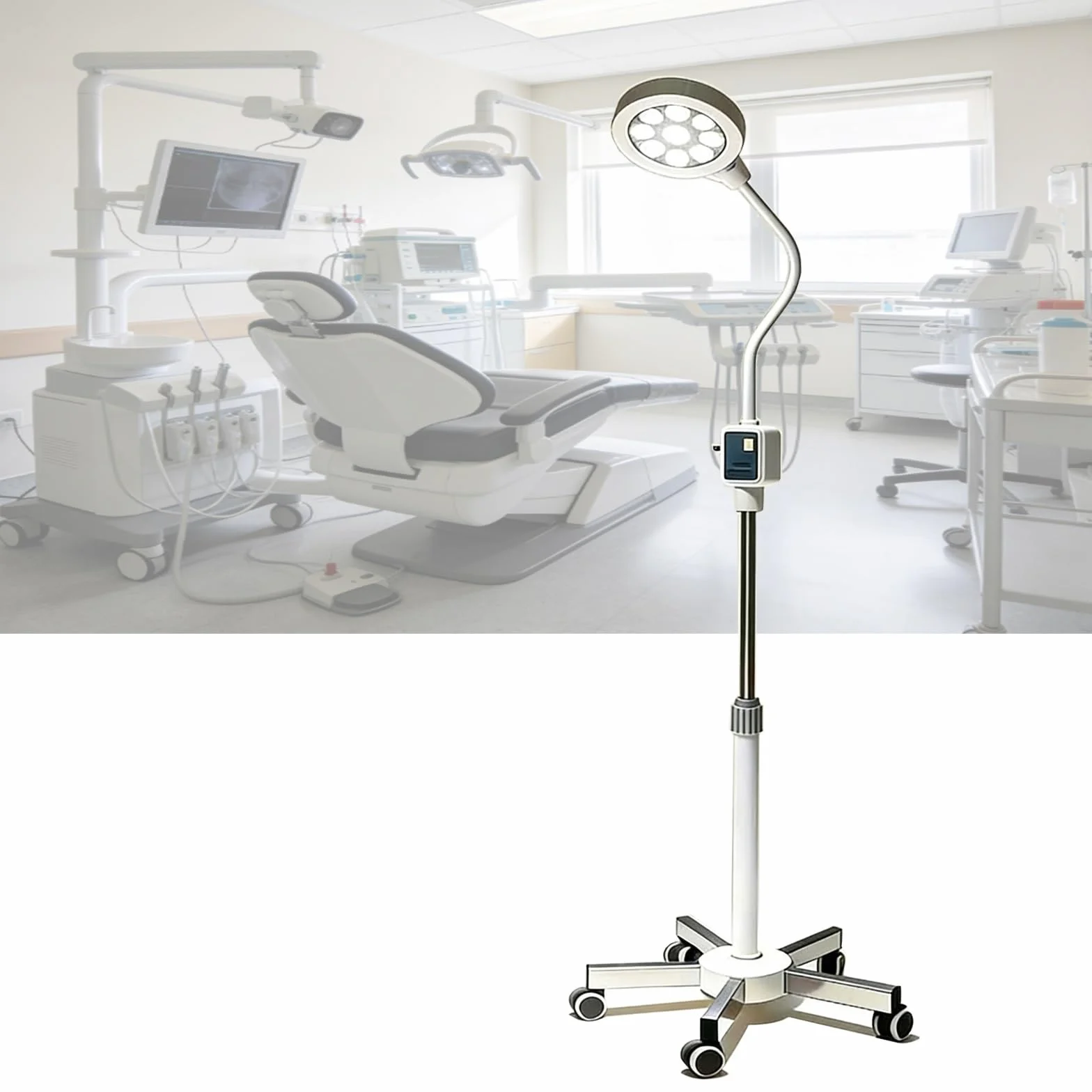Generico Lampada da visita medica con supporto da pavimento, lampada da visita a collo di cigno, con 5 ruote universali mute in acciaio inossidabile for ginecologia, ambulatoriale, stomatologia