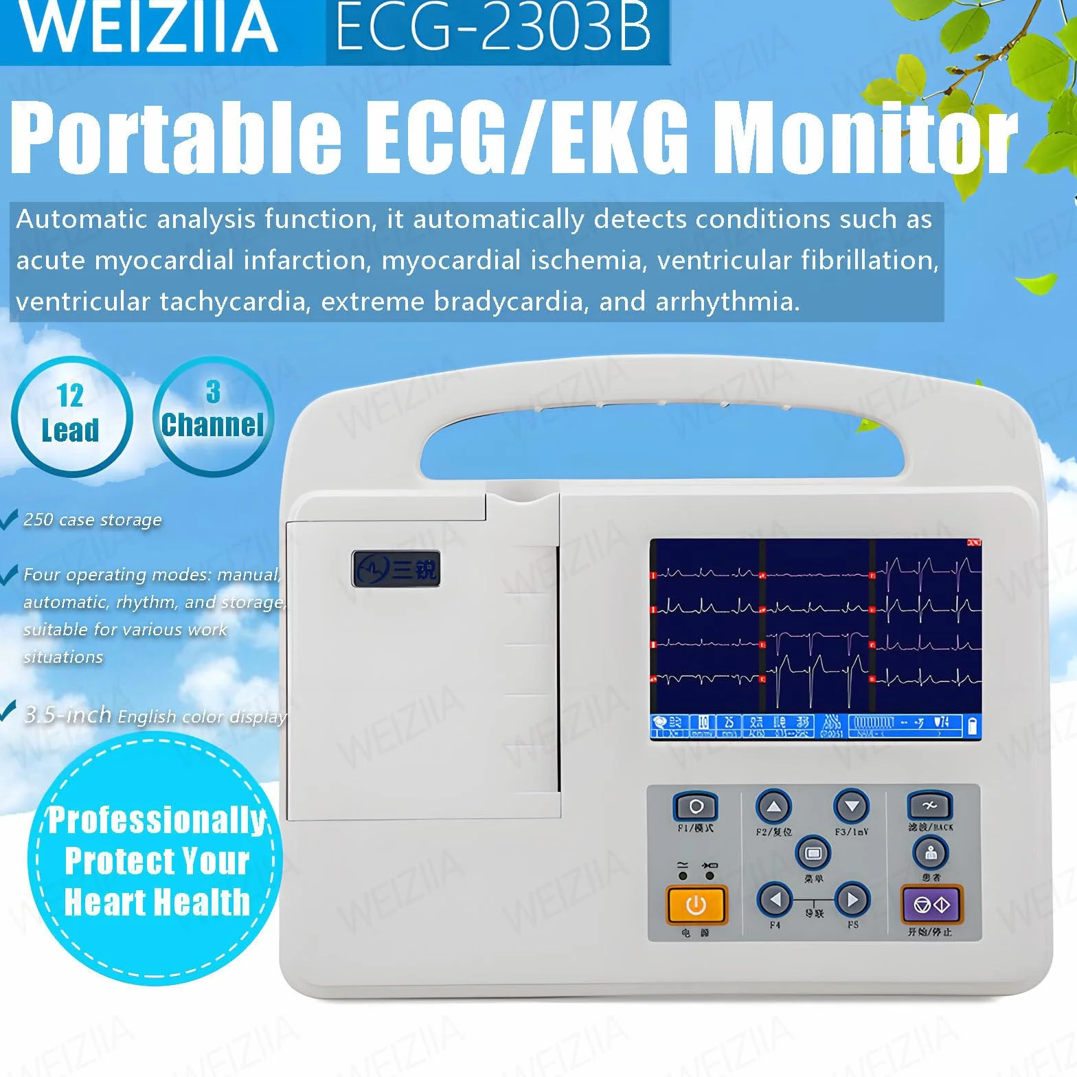 Monitor ECG, ECG digitale LCD professionale a 12 derivazioni e 3 canali con carta da stampa per la cura orale medica, i segni vitali,l'unità di terapia intensiva e la terapia intensiva cardiovascolare