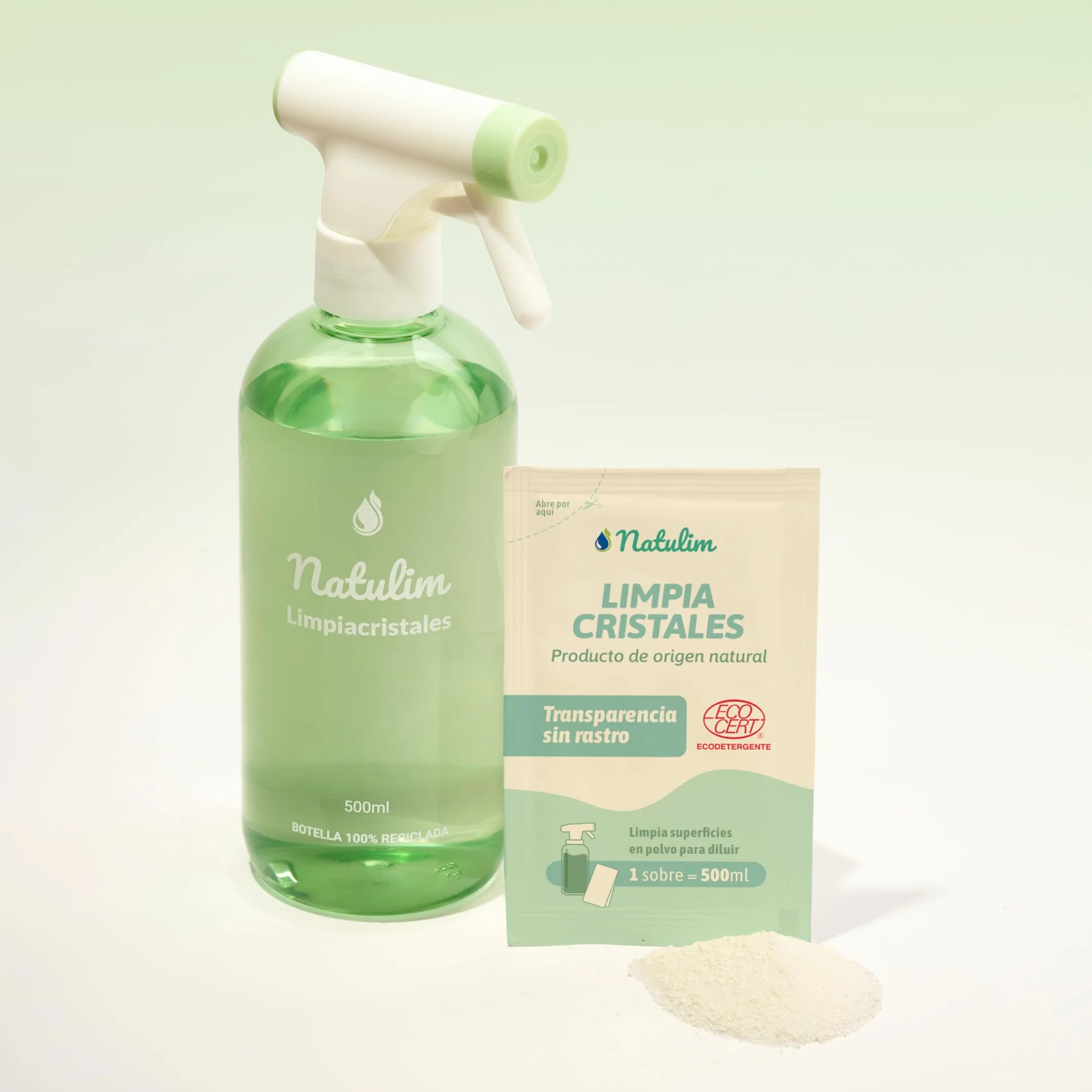 Natulim Confezione di detergenti per vetri – Pulizia profonda e senza traccia per superfici trasparenti – Set spray ricaricabile da 500 ml + 2 buste di ricarica (1 bustina = 500 ml).