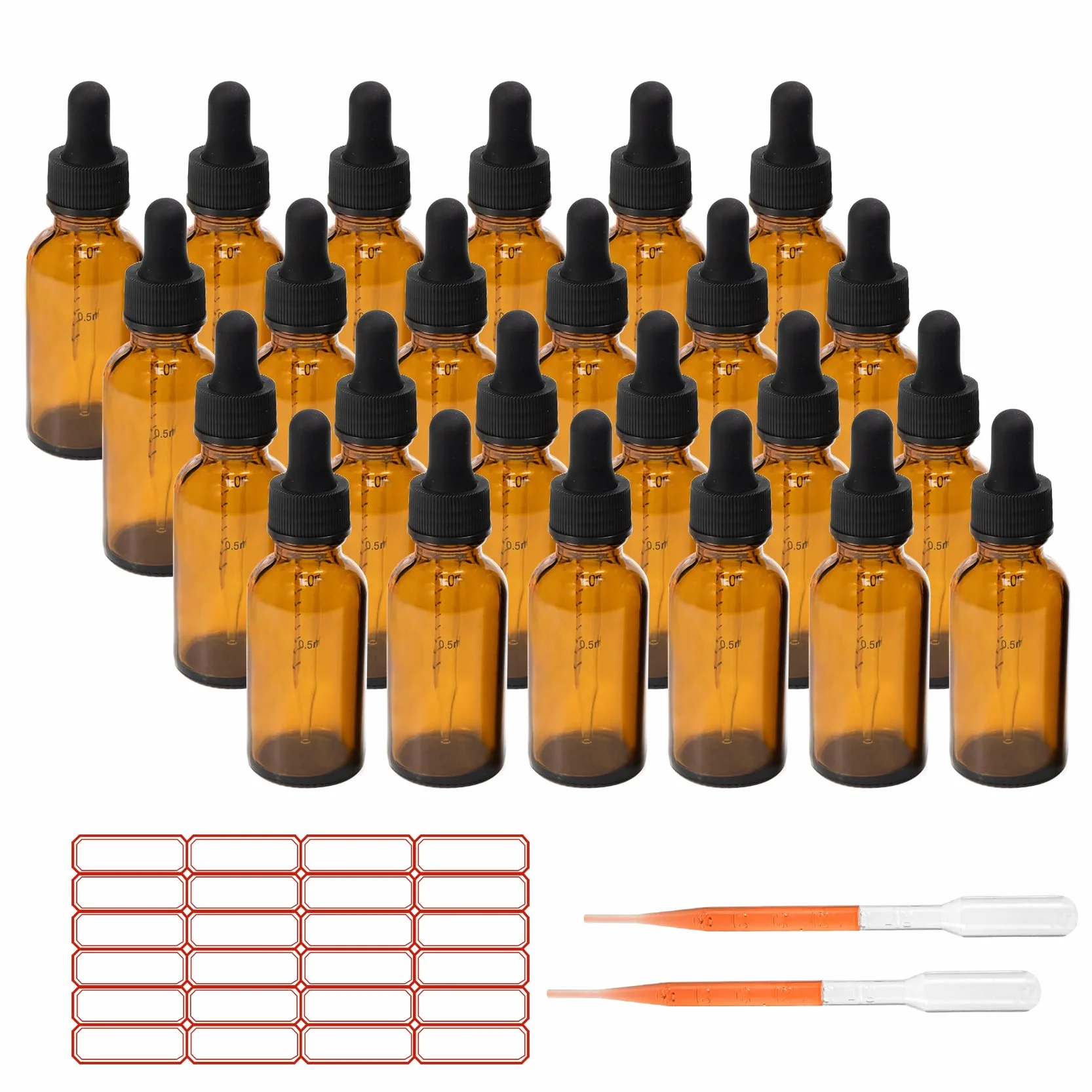 ALWSCI 24 pezzi Bottigliette per Oli Essenziali, Bottiglie 30 mL con Pipetta Marrone Bottiglie Contagocce Vetro per Laboratorio, Olio Essenziale, Aromaterapia