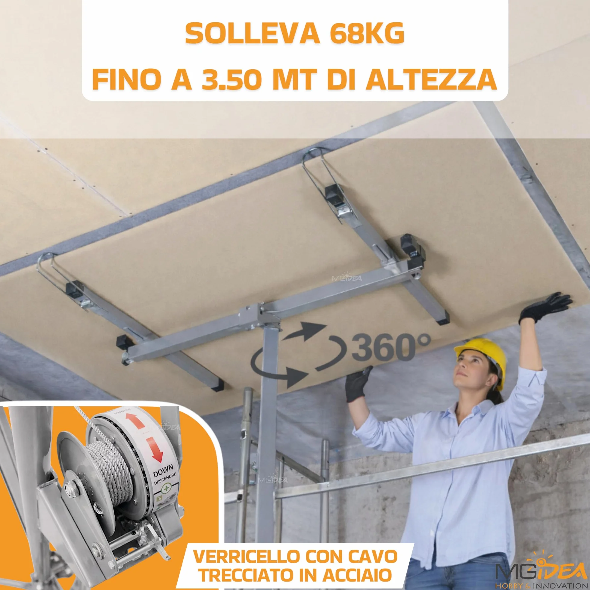 ALZA LASTRE SOLLEVATORE PANNELLI CARTONGESSO SUPPORTO REGOLABILE 68KG 3,5 M RICHIUDIBILE CON RUOTE BLOCCABILI ACCIAIO