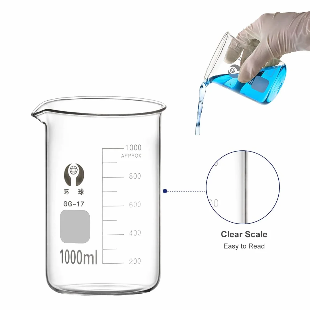 Becher Graduato in Vetro Borosilicato, JESSTOLO 5 Pezzi Graduato Misurazione Bicchiere 1000ml 500ml 250ml 100ml 50ml con 2 Pezzi Spazzolini di Pulizia, per Laboratorio Esperimento Chimico Medicina