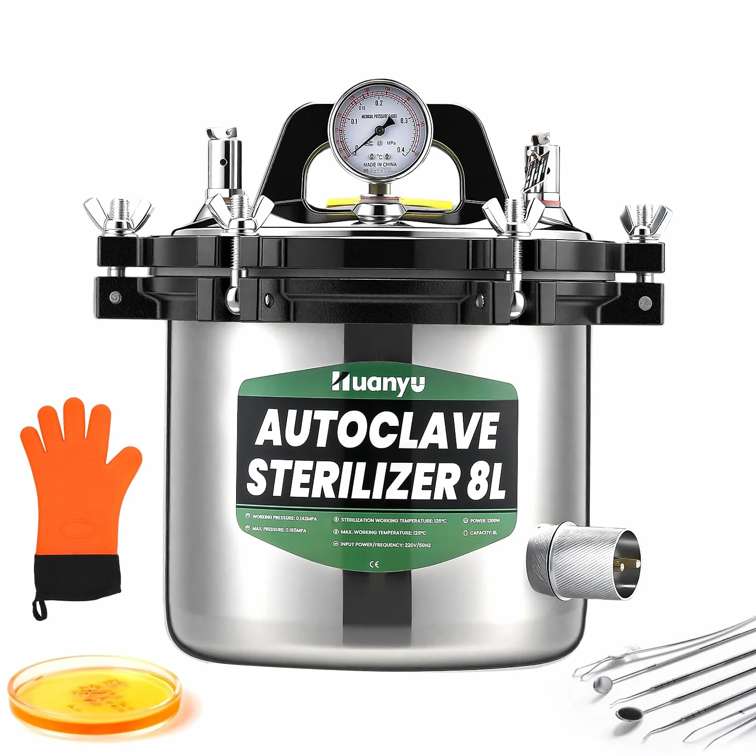 Huanyu Sterilizzatore autoclave 8L con doppia valvola Autoclave a vapore da laboratorio Protezione contro le bruciature a secco Sterilizzatore a vapore ad alta pressione per laboratori università
