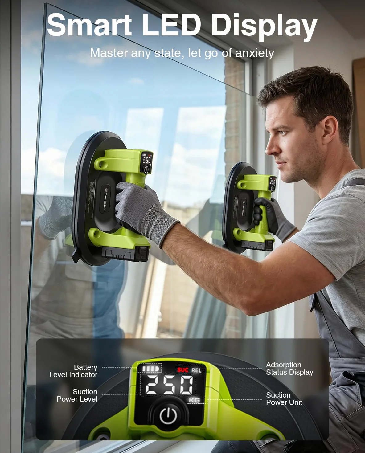 Taskstar Ventosa Elettrica: Ventosa a Batteria da 25cm per Piastrelle con 4x Batteria da 3000mAh - Carico verticale 250 kg - Display LCD, Sollevatore a Vuoto Senza Fili per Piastrelle (Verde)