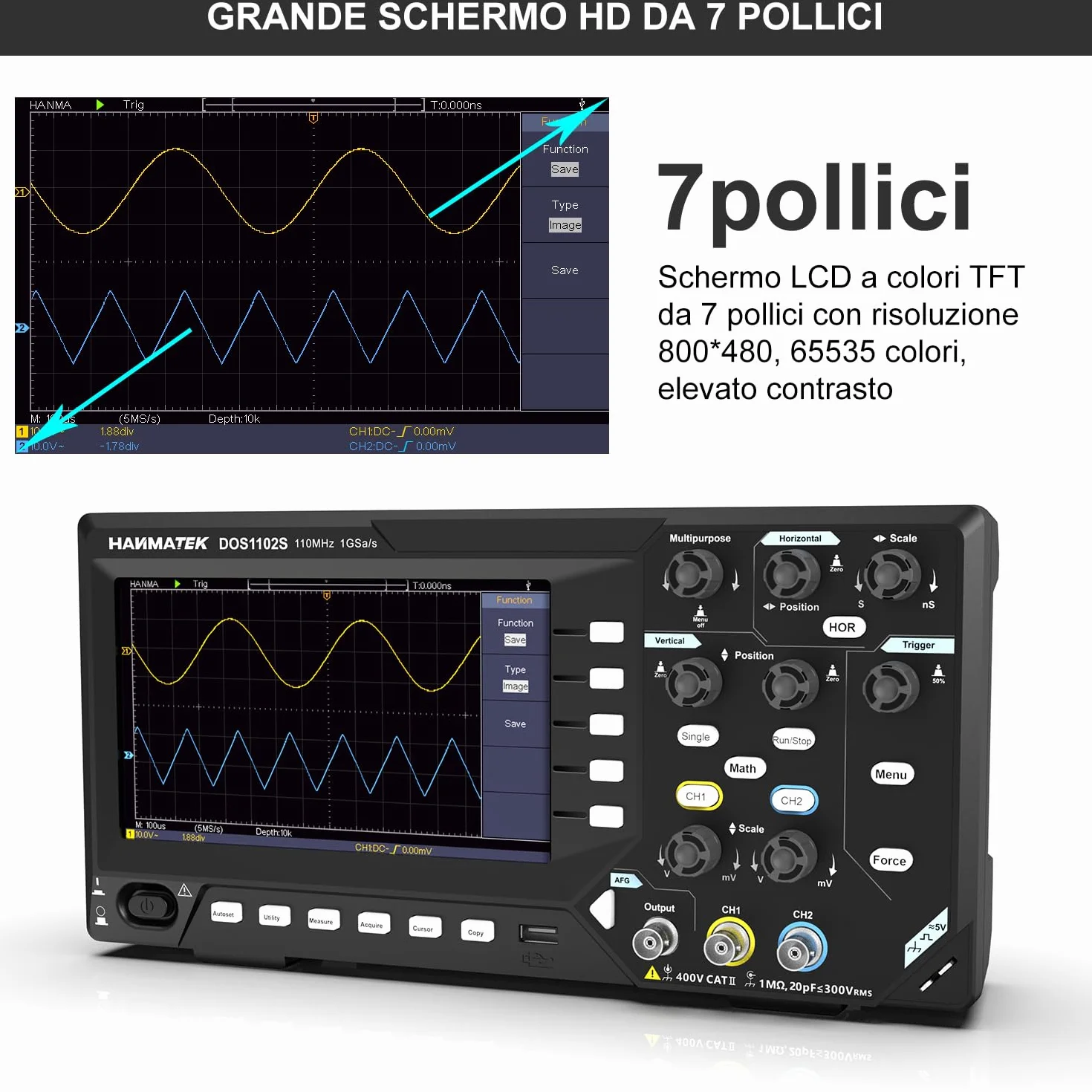 HANMATEK 2 in 1 Oscilloscopio Digitale Generatore di Degnale DDS con Larghezza di Banda 110 MHz, 2 Canali e Display TFT-LCD, Frequenza di Campionamento 500 MS/s *2