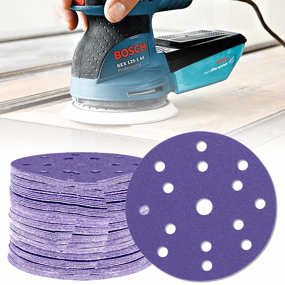 Set di 60 dischi abrasivi da 150 mm, rotondi, per levigatrice orbitale, grana a 150, 15 fori, rotondi, per legno, metallo e colore