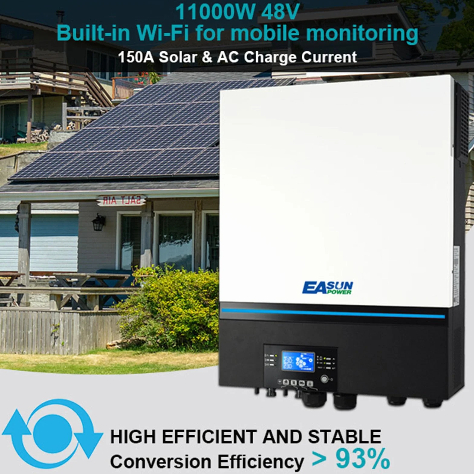 POWLAND Inverter ibrido da 11KW 48V, 2 MPPT, inverter indipendente dalla rete, funziona senza batteria, 150A Corrente di carica, Supporto parallelo, Doppia uscita 230v AC, FV 90-450Vdc, WiFi integrato