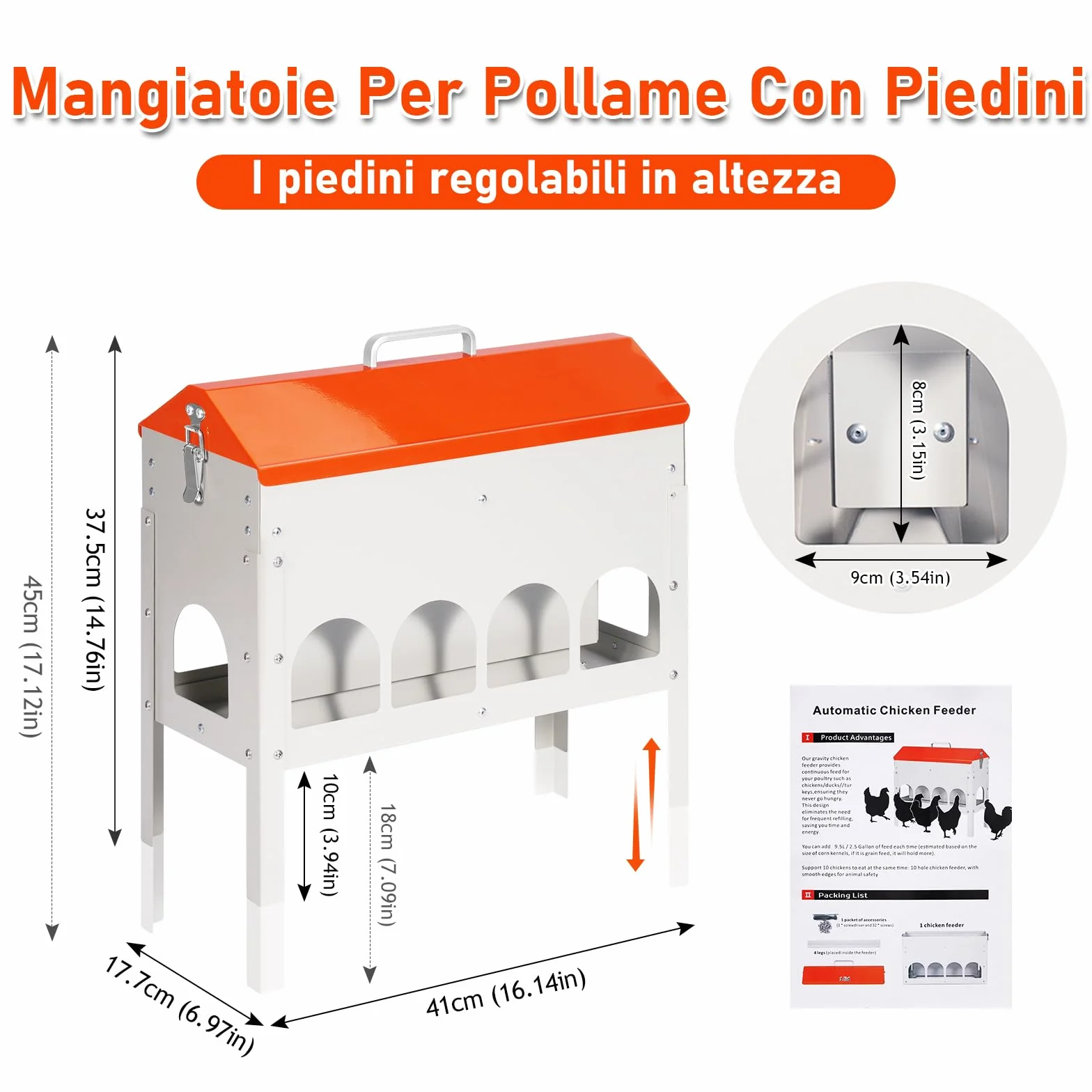 Mangiatoia Automatica Per Galline, 5kg, Distributore Automatico Di Mangime Per Polli, Alimentatore Per Anatre E Piccioni, Può Essere Sollevato, Antispreco, Accessori Per Pollame