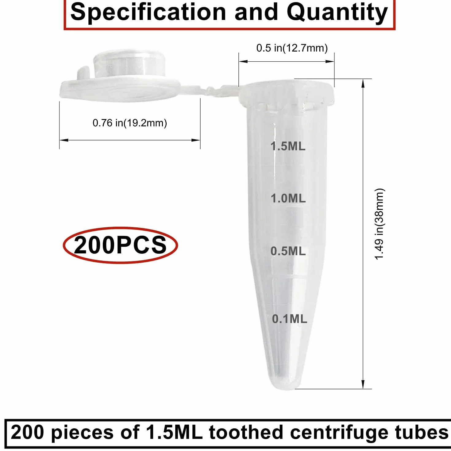 HUAZIZ 200 Pezzi 1,5 ml Plastica Centrifuga Provetta con Testa a Punta, Micro Provette da Laboratorio Conical Centrifuge Tubes Trasparente Graduata di Polipropilene con Tappo Piatto